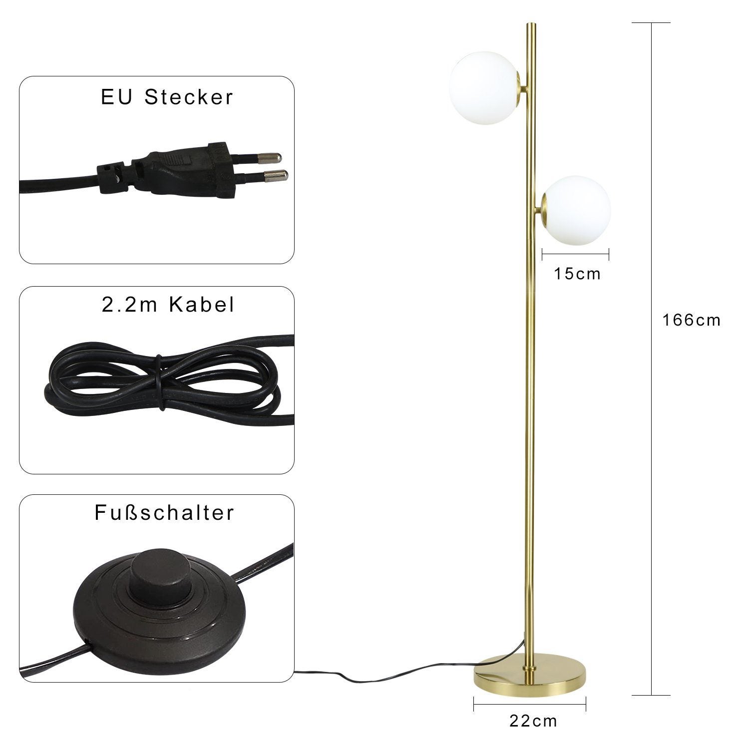 NETTLIFE Lampadaire Salon Moderne - Gold Design Lampadaire E27 Douille Lampe de sol avec interrupteur à pied -166cm （Sans source） - 4
