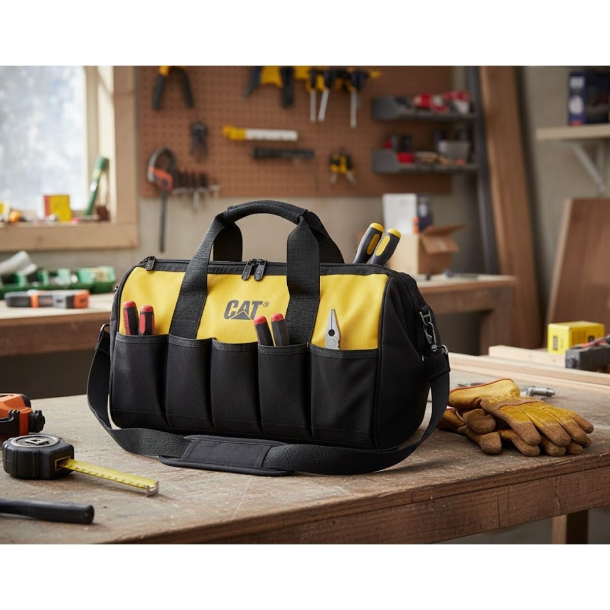 Saco de ferramentas Caterpillar 28L Base em PVC Tecido de poliéster 600D 10 bolsos exteriores 10 bolsos interiores Leve - 4