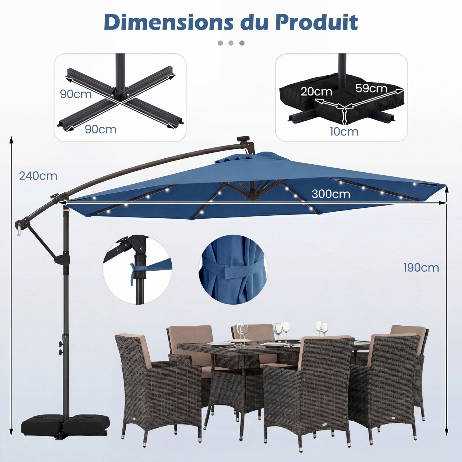 Parasol Déporté 3 x 3M, Parasol de Jardin Extérieur avec Lumière Solaire, Rotation 360°, 8 Baleines en Métal, Toit de Ventilation, 2 Sacs, Bleu - 3