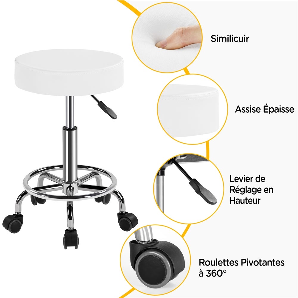 Tabouret Rond à Roulettes avec Assise Réglable en Hauteur et Revêtement en Similicuir Blanc Yaheetech - 5