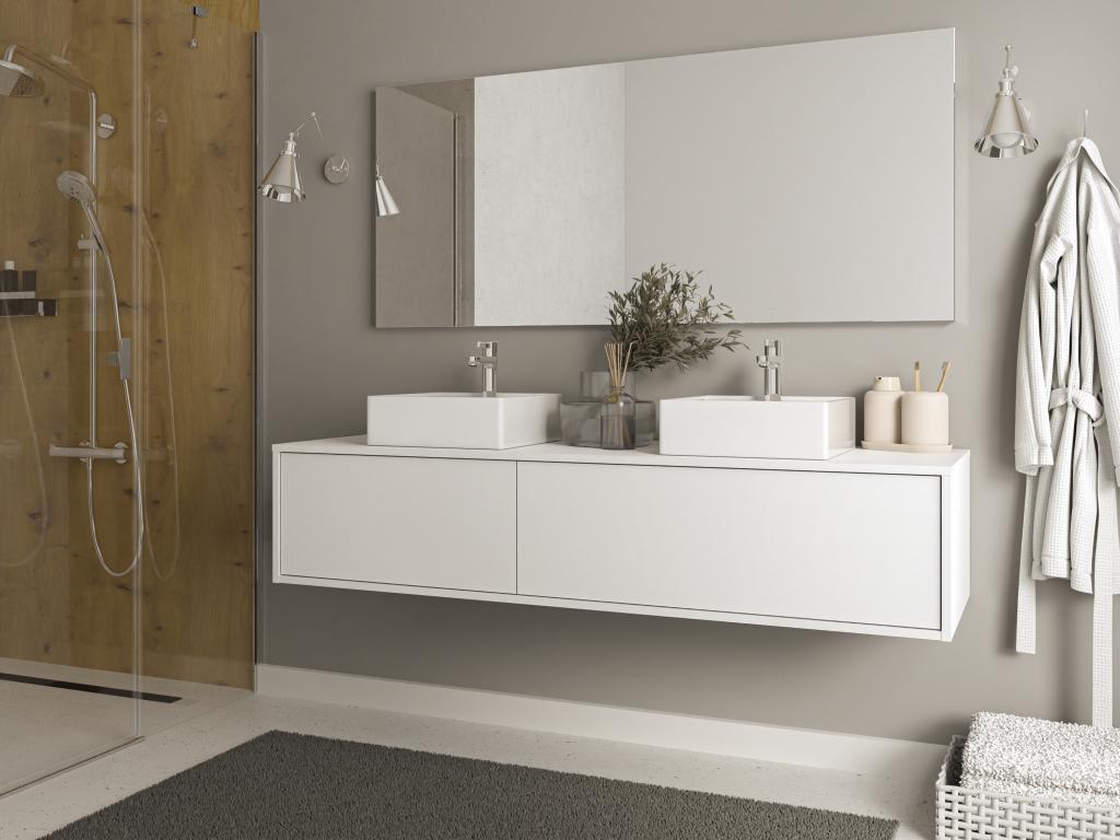 Szafka łazienkowa wisząca biała z dwoma umywalkami - szer. 150 cm - ISAURE II