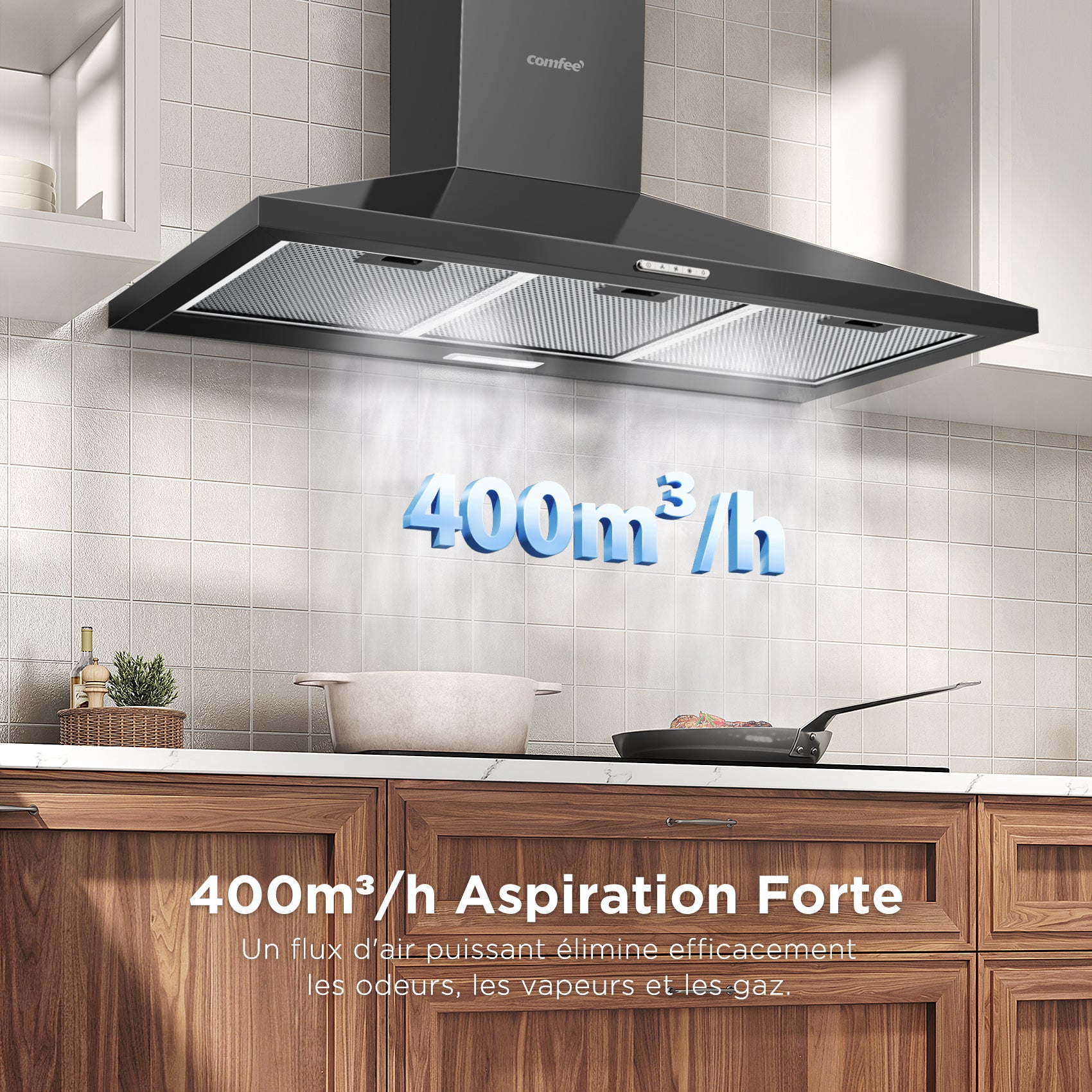 Hotte Aspirante Hotte Murale 90cm-400m³/h- 2 Filtres à Charbon- Recyclage ou Évacuation - 3 Vitesses - Noir - COMFEE Hotte de Cuisine - 2