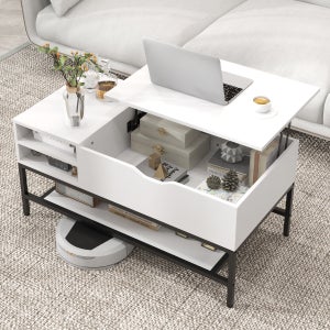 Table Basse Relevable Et Extensible HOMCOM - 100x45x50.5cm (relevée 63.5cm) - Avec Rangements, Blanc