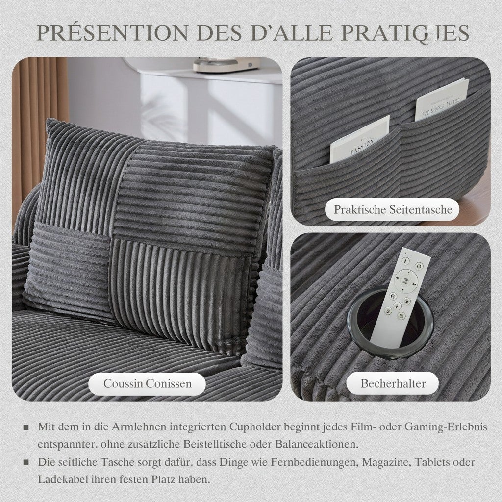 Canapé Modulable 3 Places en Velours Côtelé avec Porte-Gobelets et Rangement - Sofa Design Gris Foncé - 6