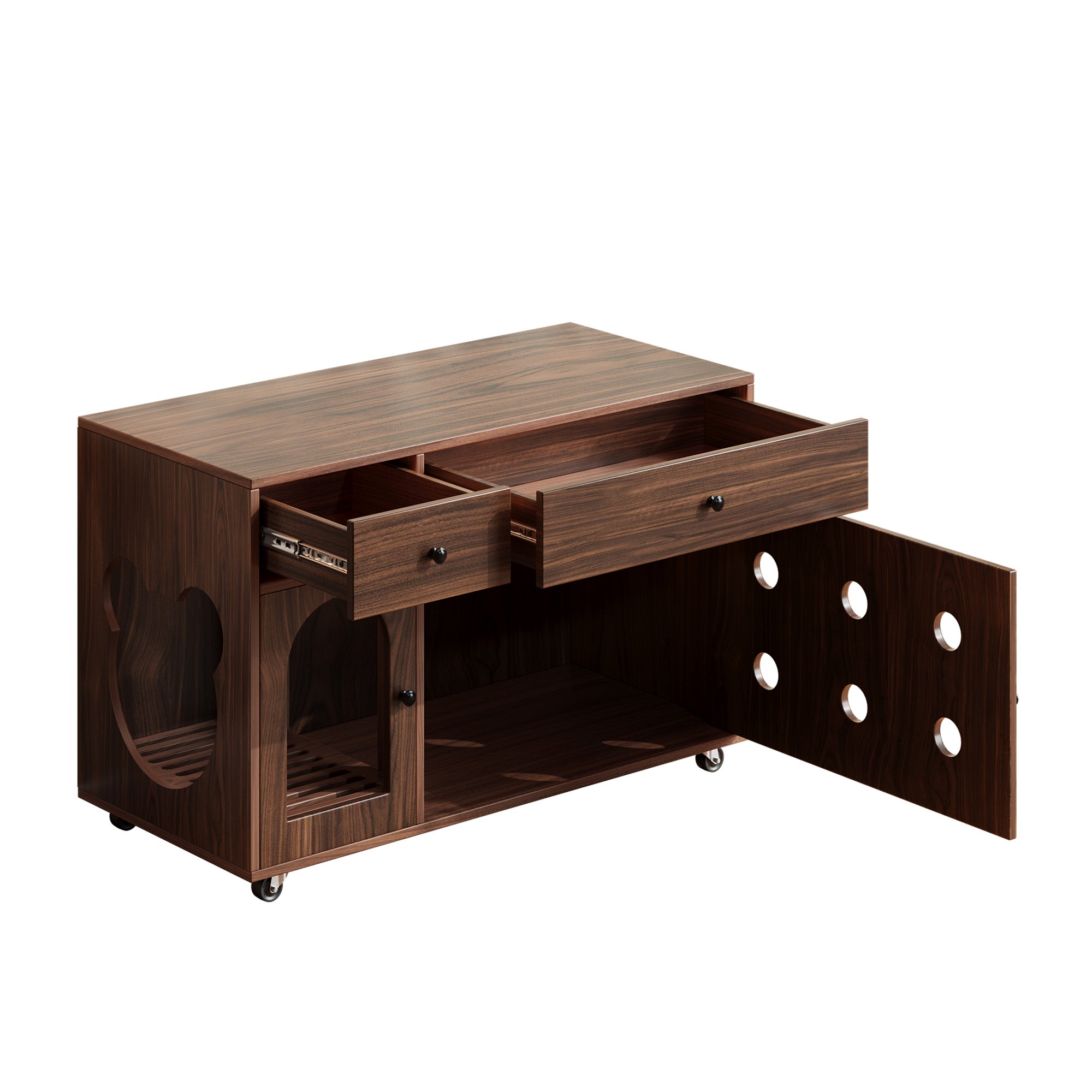 Caixa de areia móvel para gatos com 2 gavetas e 1 porta - 100 x 45 x 66 cm - MDF - Nogueira - 9