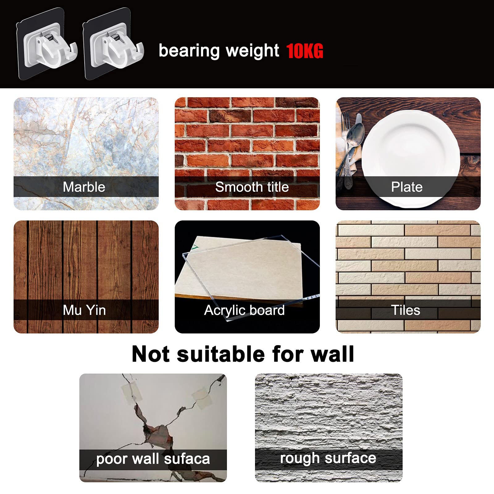 Lot de 4 supports de tringle à rideaux auto-adhésifs, sans perçage, fixation murale pour tringle à rideau, crochet pour porte-serviettes (blanc) - 5