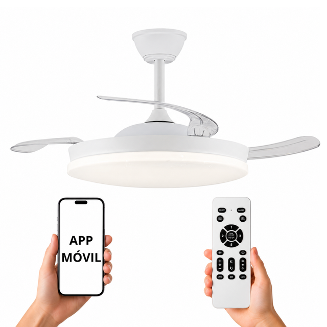 NARVI Ventilador de techo Blanco, 3 Palas retráctiles, Motor DC, Luz LED Regulable. Con Memoria y Mando a distancia. REF RONDA 1661 WH