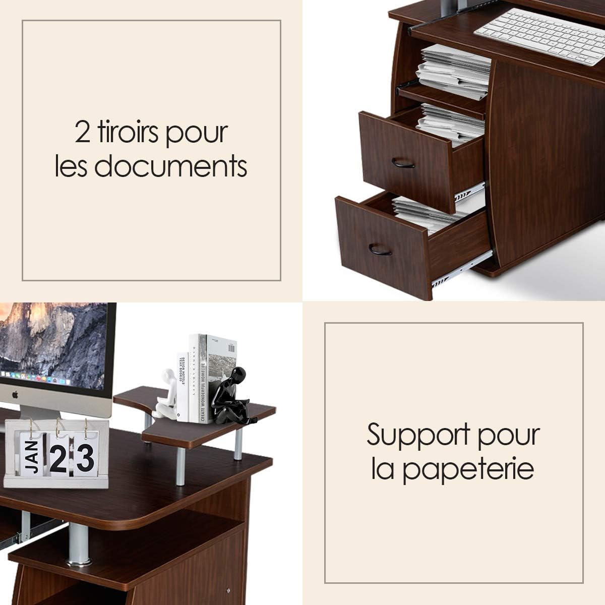 Bureau Informatique 120 x 55 x 85CM, Bureau d'angle avec Tablette Imprimante,avec de Nombreux rangements et Tablette à Clavier Coulissant, Noyer - 4