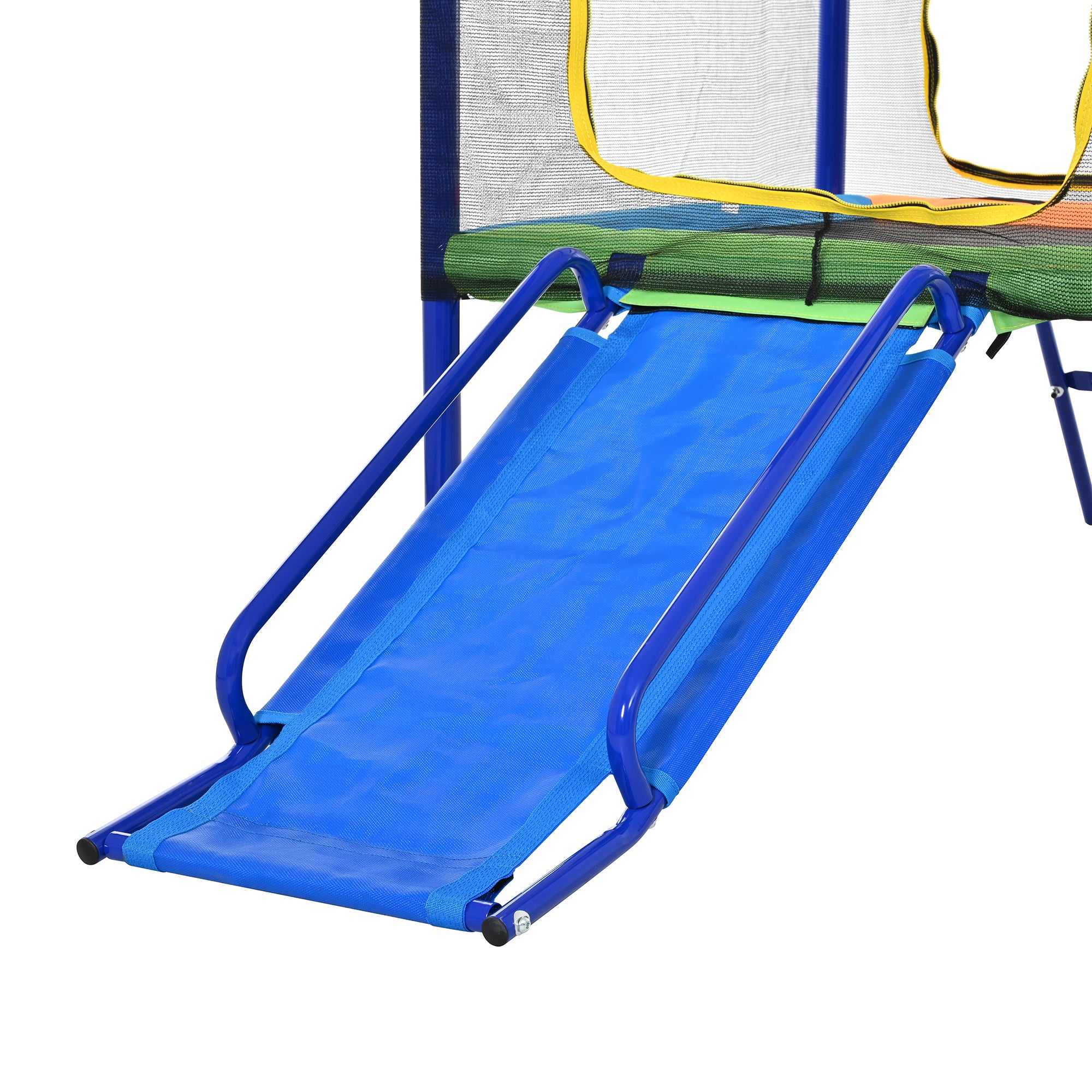 Aire de jeux extérieure 4 en 1, avec trampoline, double balançoire, toboggan et panier, en fer, multicouleur - 7
