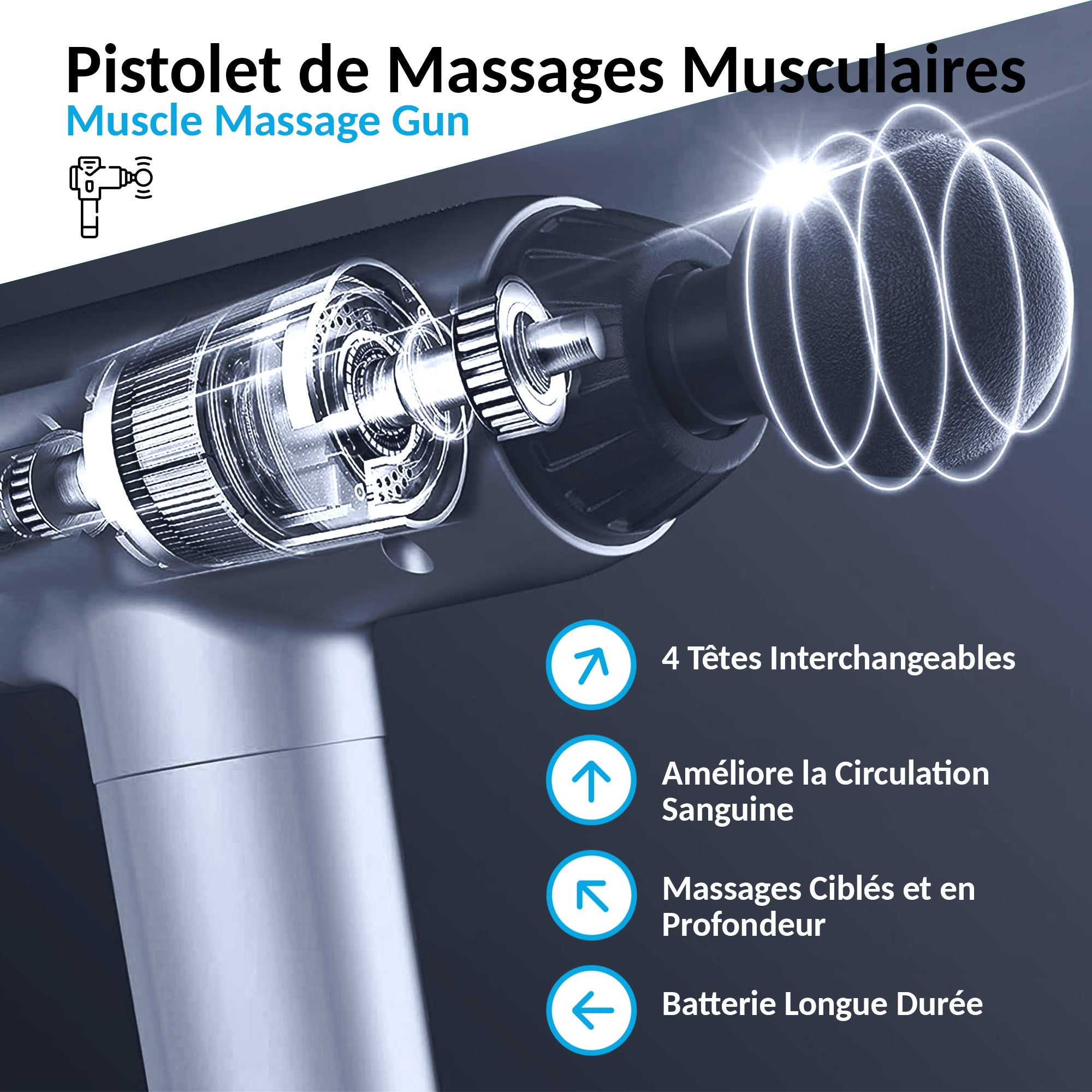 FISHTEC - Pistola massaggio, 420 g, 4 testine, 4 velocità 1600-3200 tpm, batteria 1800 mAh, 400 min, USB, Ø 4,3x20,5 cm, muscoli - 7