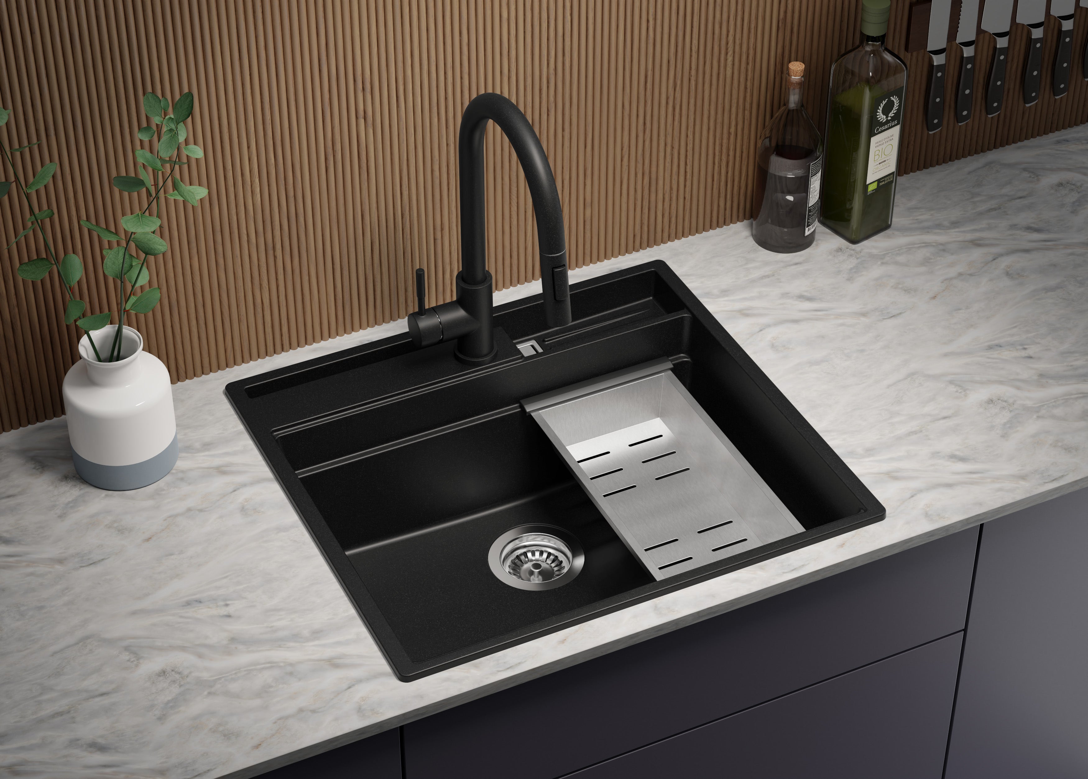 Lavandino da Cucina Nero 58x53cm, Lavello in Granito a 1 vasca + Sifone Classico + Accessori, Lavabo da Cucina Incasso al mobile 60cm PRIMAGRAN - 9