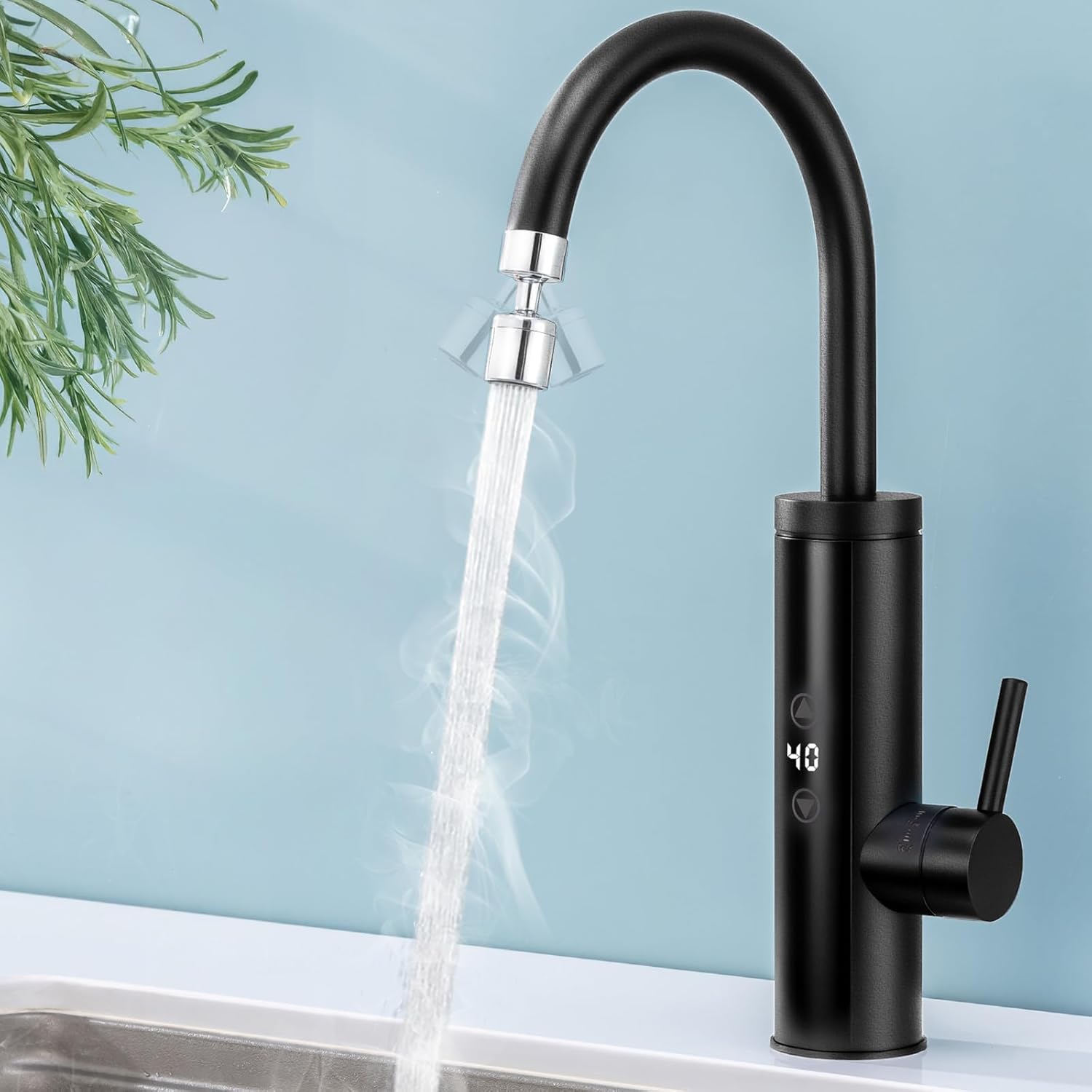 Czarny elektryczny podgrzewany kran ze stali nierdzewnej 3400W - inteligentny mikser z ekranem dotykowym, regulacją temperatury i zabezpieczeniem