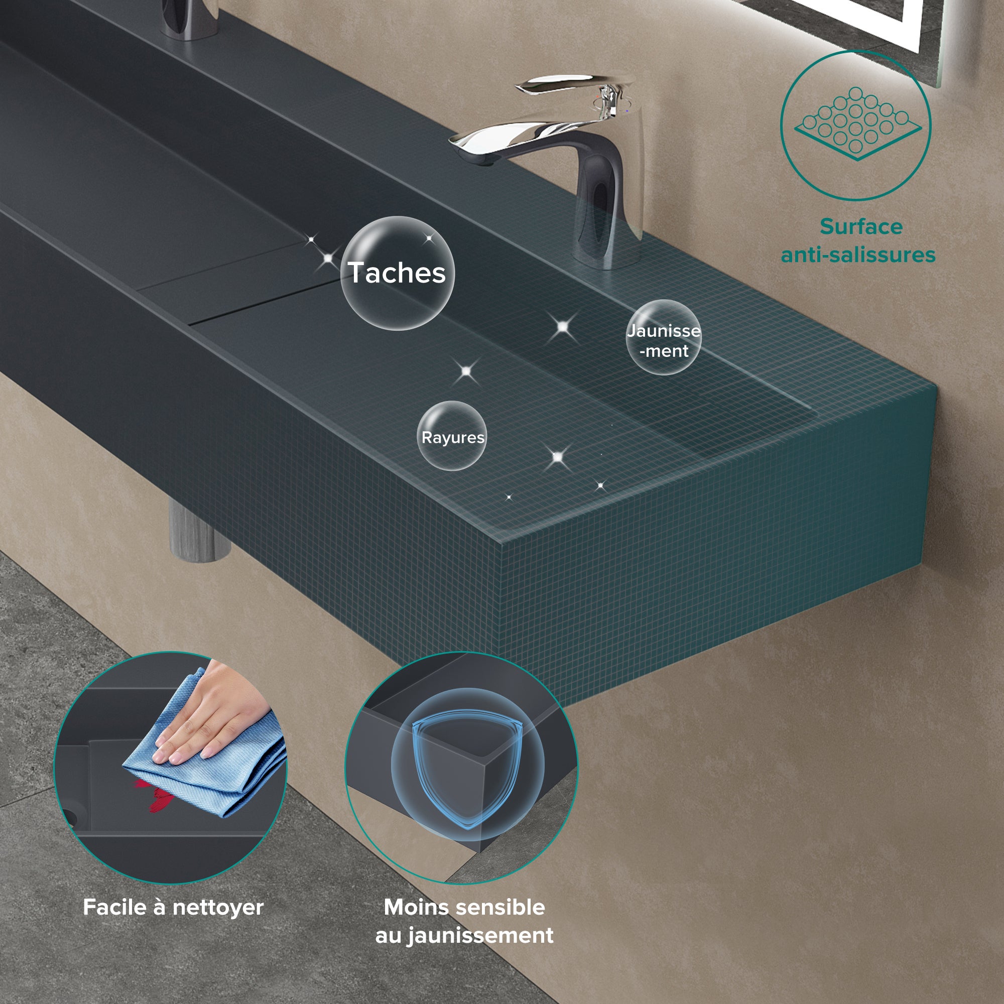 Lavabo Suspendu, Vasque à Poser, Lave-Mains Rectangulaire, 120cm, Gris Noir Mat, avec Cache Bonde, pour Salle de Bains, Colossum6028 doporro - 3
