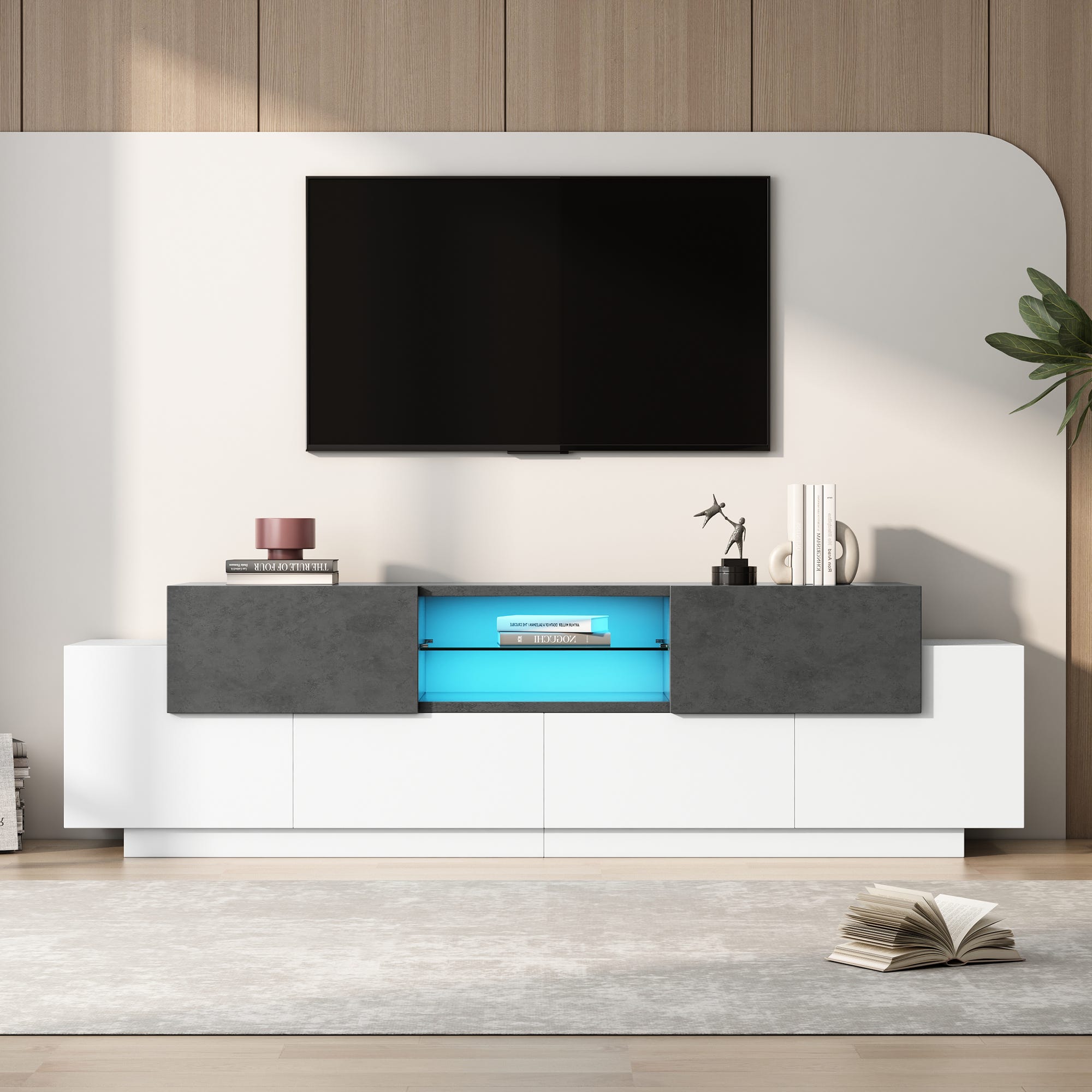 Meuble TV, Meubles TV Modernes avec 2 Portes et 8 Étagères, Éclairage Meuble TV, Meubles TV Modernes avec 2 Portes et 8 Étagères, Éclairage