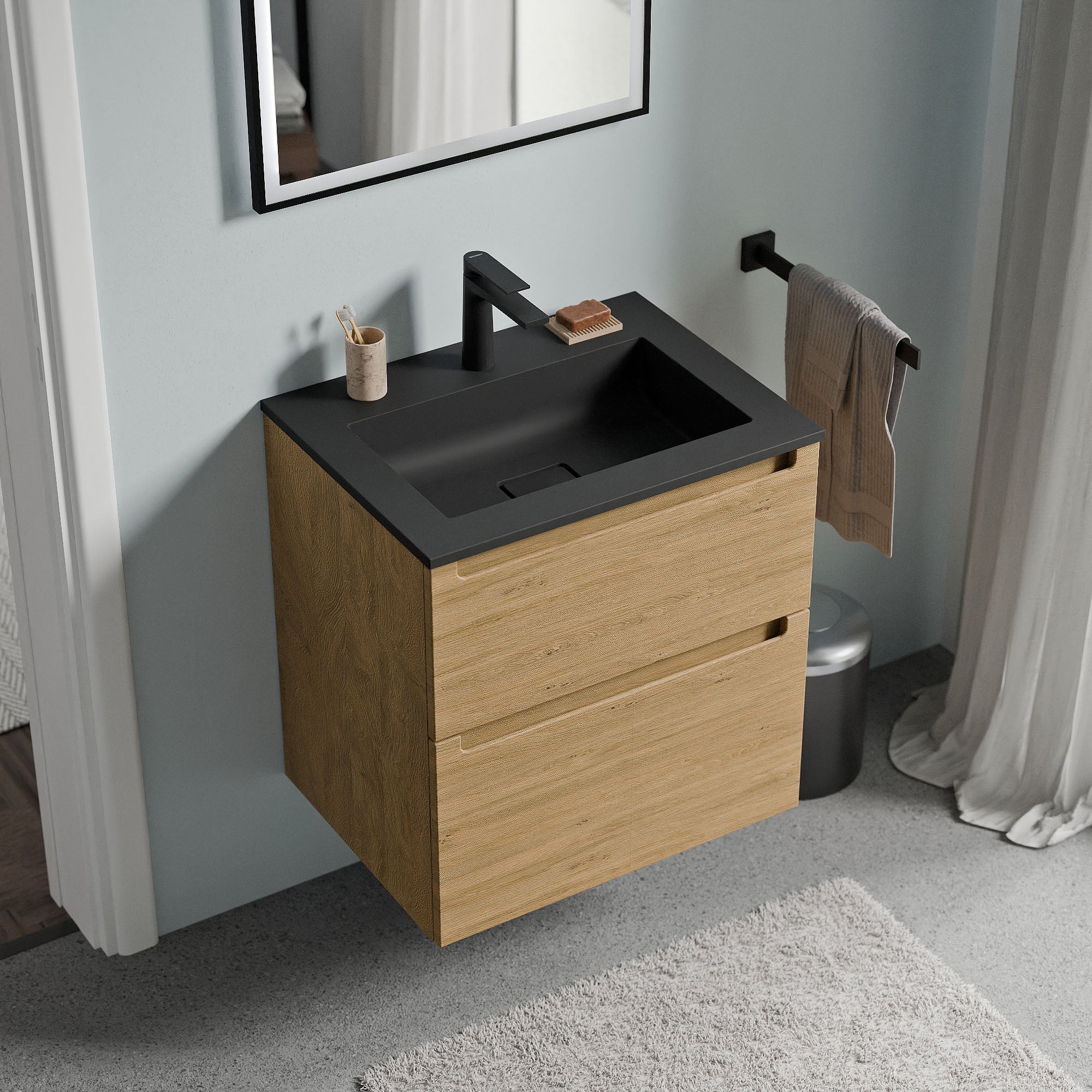 BERNSTEIN - Meuble vasque suspendu MDF Chêne miel, lavabo fonte Noir mat + trou robinet, tiroirs pivotants - 60x46x62cm - VIREO - 2