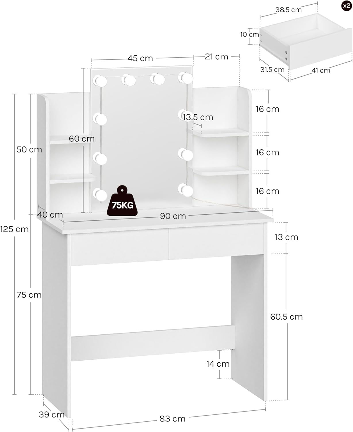 Coiffeuse avec Miroir LED à Luminosité Réglable - 2 Tiroirs et 4 Étagères de Rangement - Table de Maquillage - Blanc - WOLTU - 3