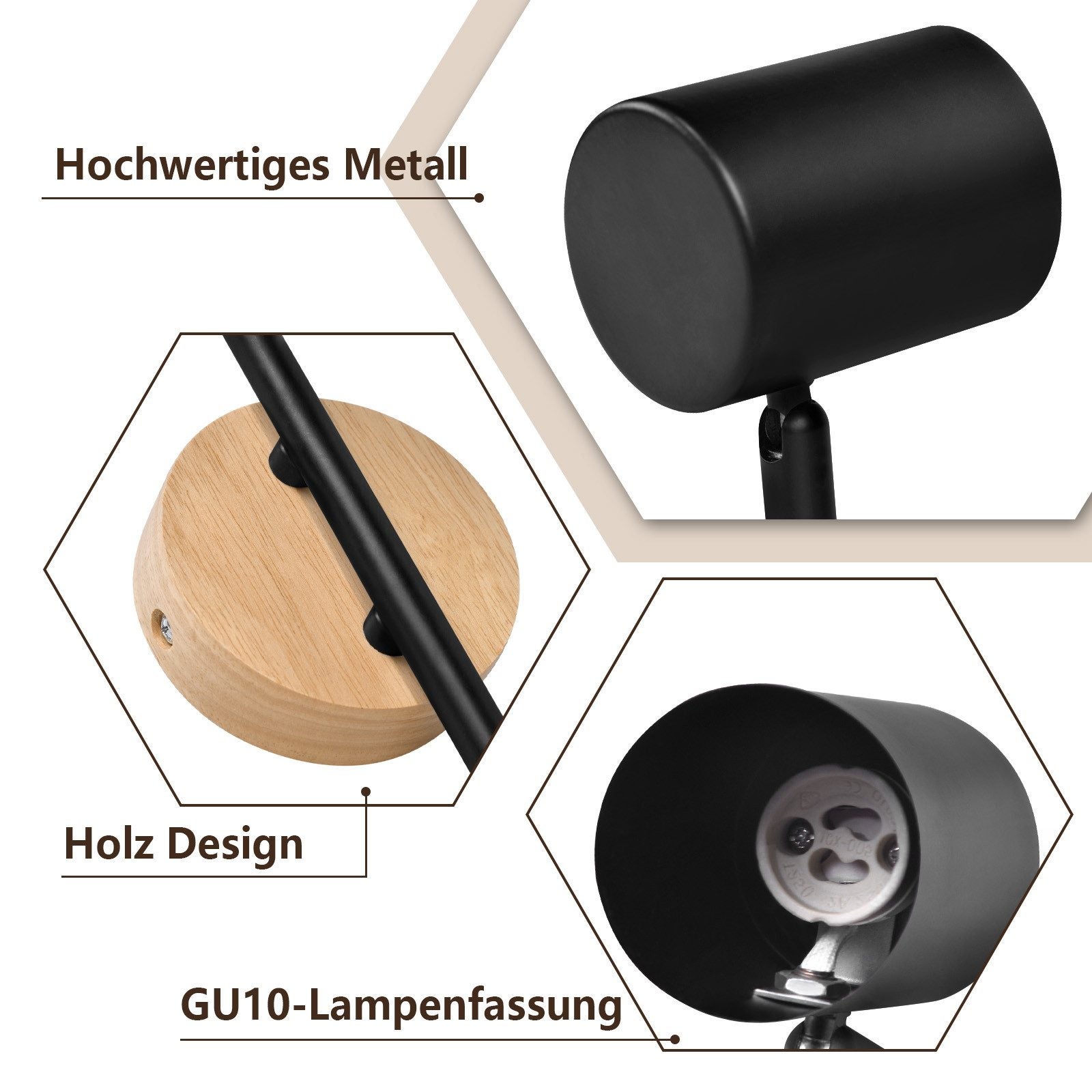 NETTLIFE Plafón LED de 2 llama - Plafón GU10 negro Foco giratorio Aplique de madera Foco de pared para salón dormitorio Sin bombilla - 3