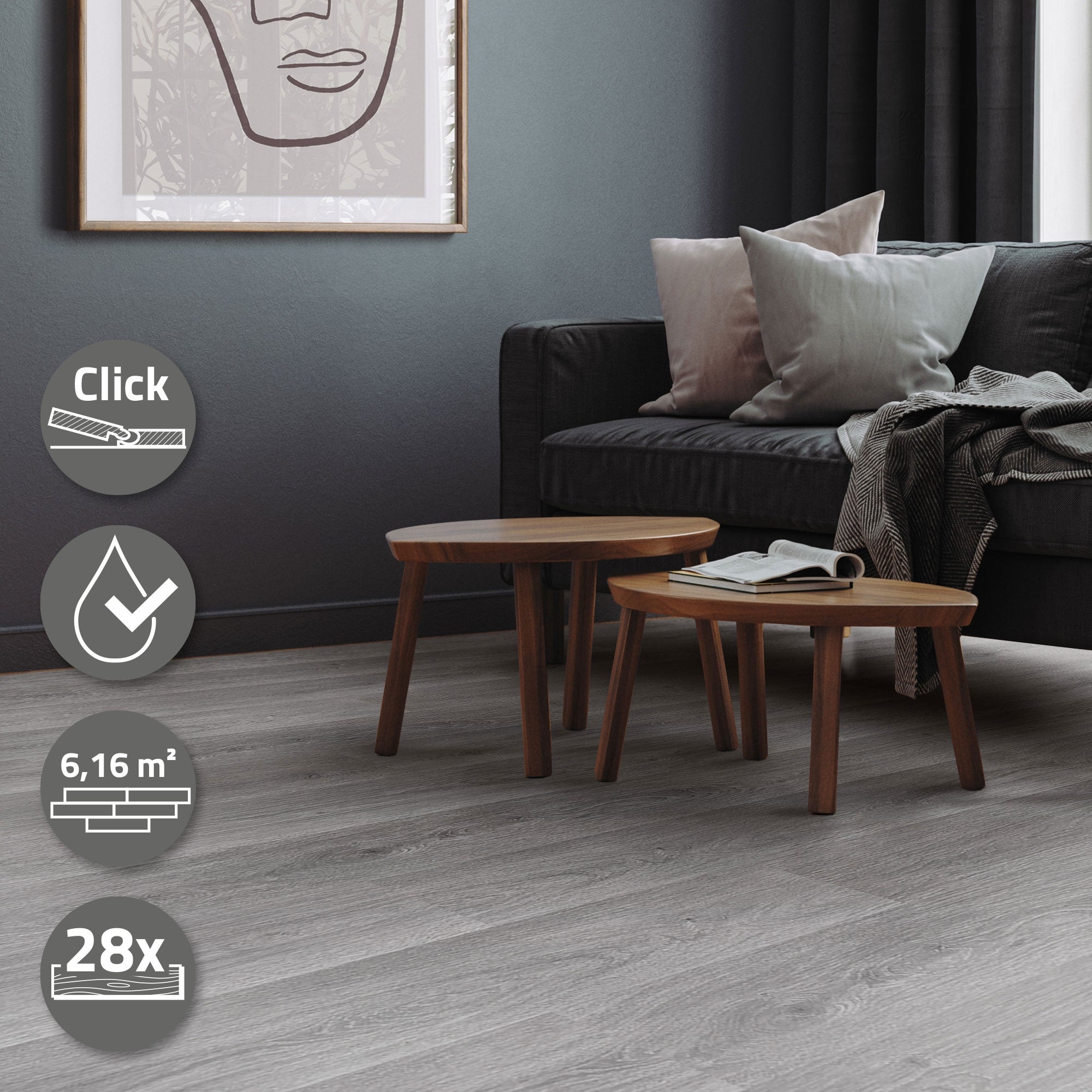 Revêtement de sol clipsable en vinyle 122cmx18cmx4,2mm 6,16m²/28 planches gris chêne windswell hickory imitation parquet pvc étanche classe charge 34 - 4