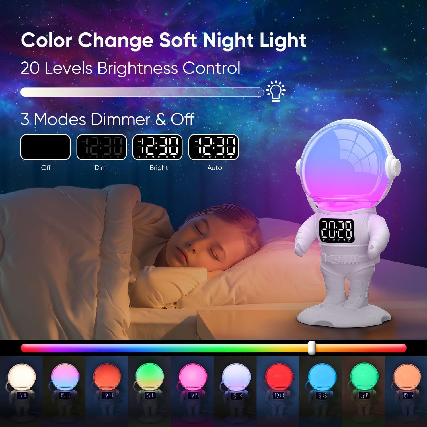 Réveil Enfant, Lampe de Réveil avec 7 Sonneries, 21 Sons Apaisants et Minuterie, Réveil Lumineux Enceinte Bluetooth, Lampe de Chevet Multicolore - 3