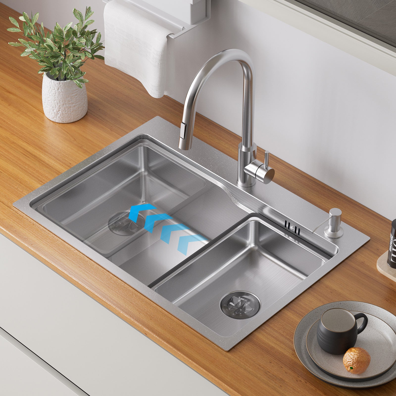 Auralum max 68×48x21CM Évier 1 Bac - Argent Évier Inox avec Vasque + Distributeur de Savon - Gaufrage de Surface + Nano Traitement - 2