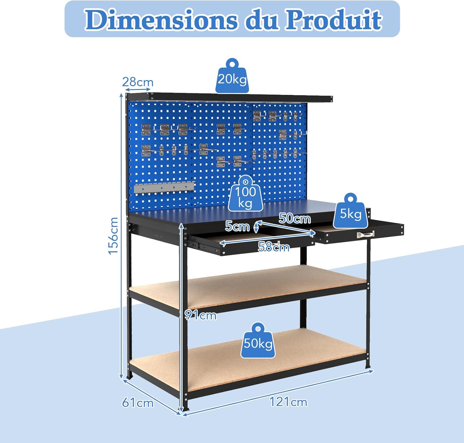 Établi avec Panneau Perforé, Table de Travail avec Tiroirs, Étagères, 23 Crochets, Porte-Tournevis, Charge 230kg, 121x61x156cm (Bleu) - 7