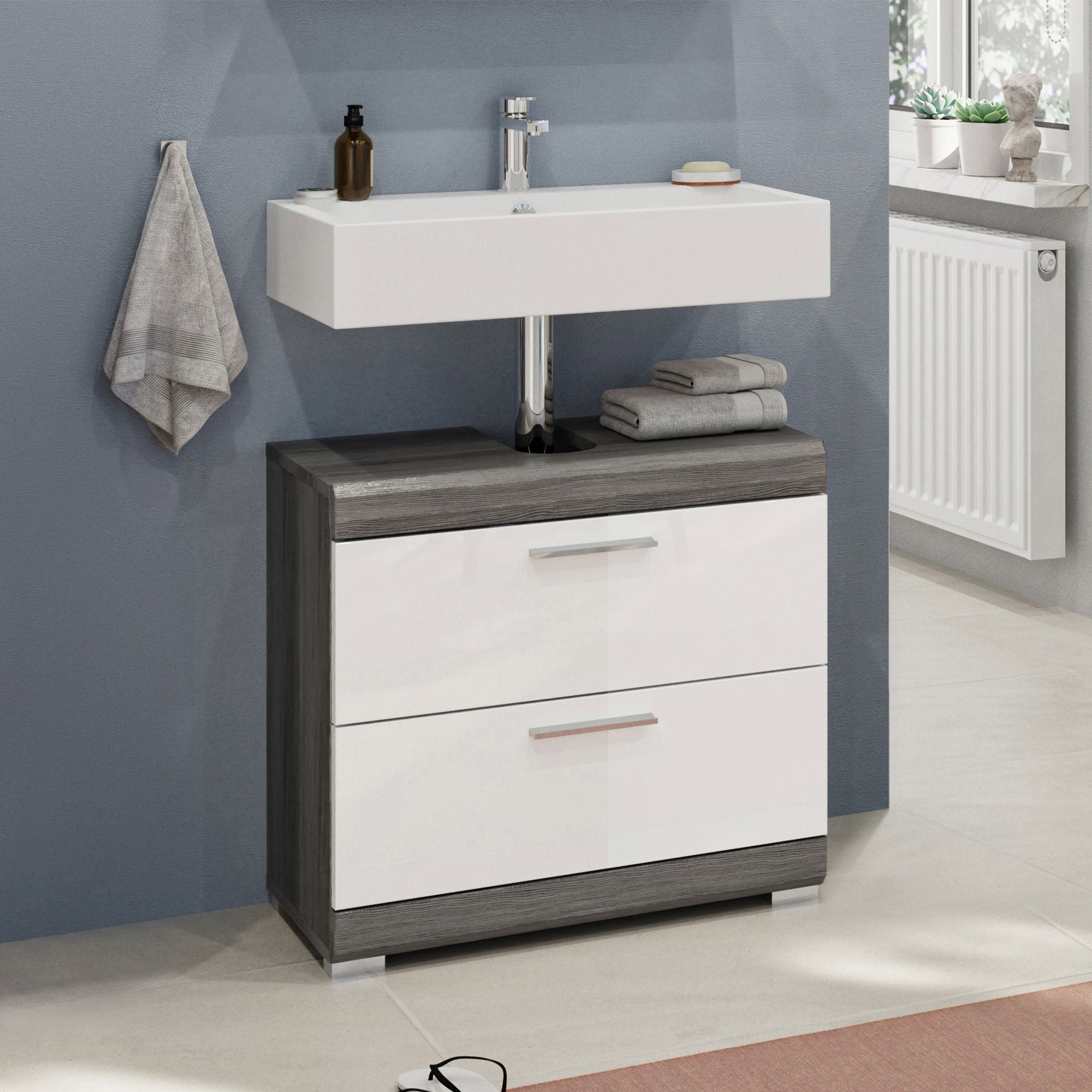 Scout szafka pod umywalkę 2 szuflady biały połysk, szary.