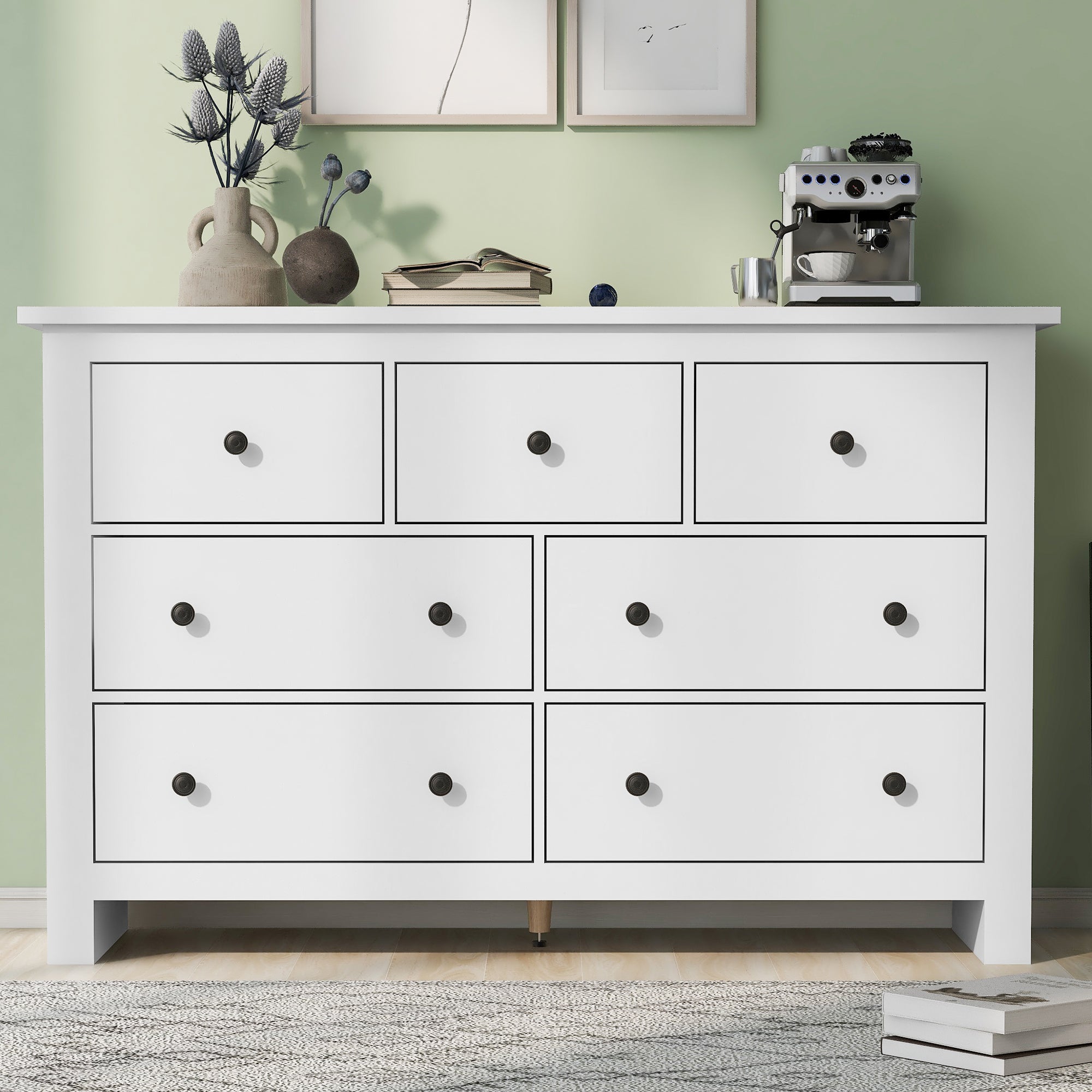 Nowoczesna komoda z 7 szufladami - 152 x 40 x 89 cm - Płyta wiórowa - do jadalni - Biała - 9