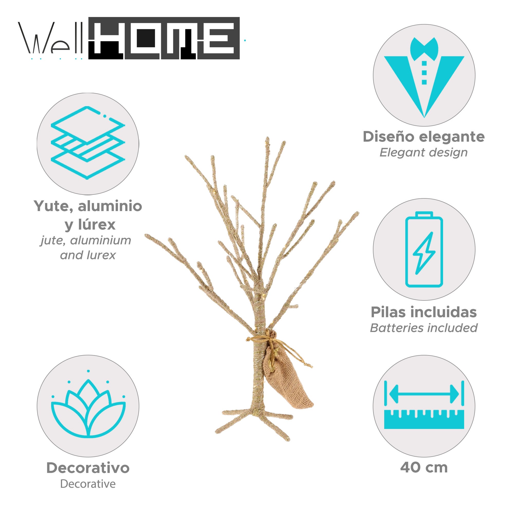 Arbre décoratif WellHome, format 6 x 40 cm, 30 LED dorées - 2