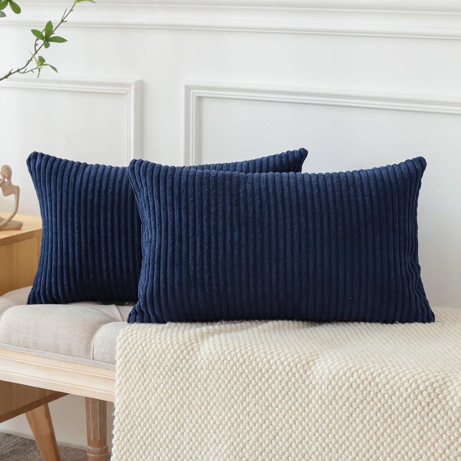 Housses de coussin en velours côtelé (lot de 2) Coussins de canapé décoratifs, housses de coussin décoratives douces, 30 x 50 cm, bleu marine - 3