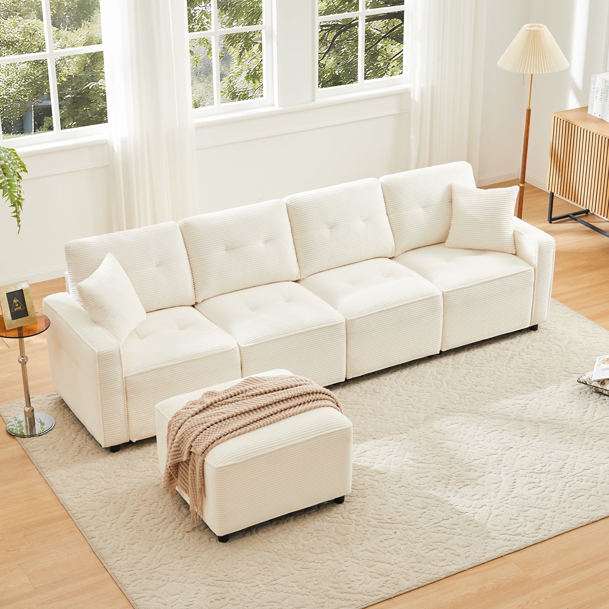 Sofa prosta 4-osobowa z miejscem do przechowywania i oddzielnym pufem - szer. 280 x gł. 146 x wys. 85 cm - sztruks - beż