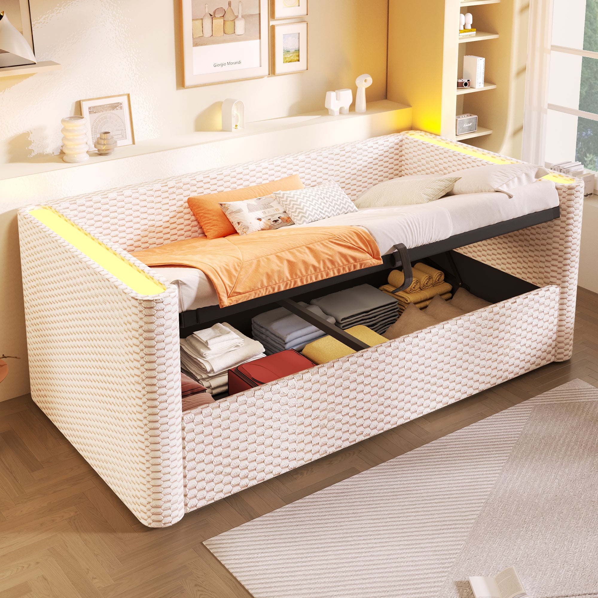 Rozkładana sofa z pojemnikiem 90x200 cm - z oświetleniem LED - stelaż lamelowy - welur - beżowy​ (materac nie jest wliczony w cenę) - 4