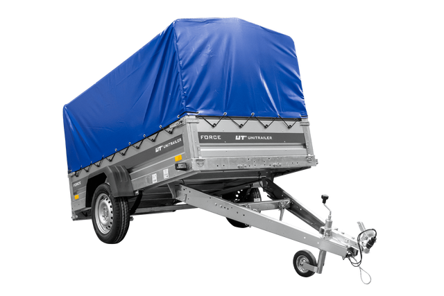 Przyczepka samochodowa Unitrailer na resorach 230x125 FORCE 230/R KIPP ze stelażem H-800 i pokrowcem niebieskim 1 szt.