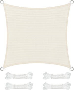 SONGMICS Voile d’Ombrage 5 x 5 m, Protection Solaire en Tissu HDPE, Respirant, Perméable à l’Eau, Carré, Concave, Cordes de 2 m, Beige