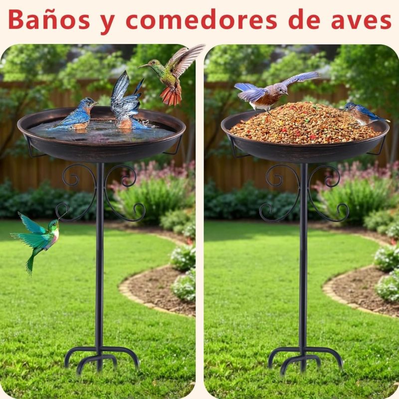 Bebedouro para pássaros em metal com suporte, acabamento em bronze antigo, design clássico, ideal para jardim, terraço, pátio e decoração externa. - 4