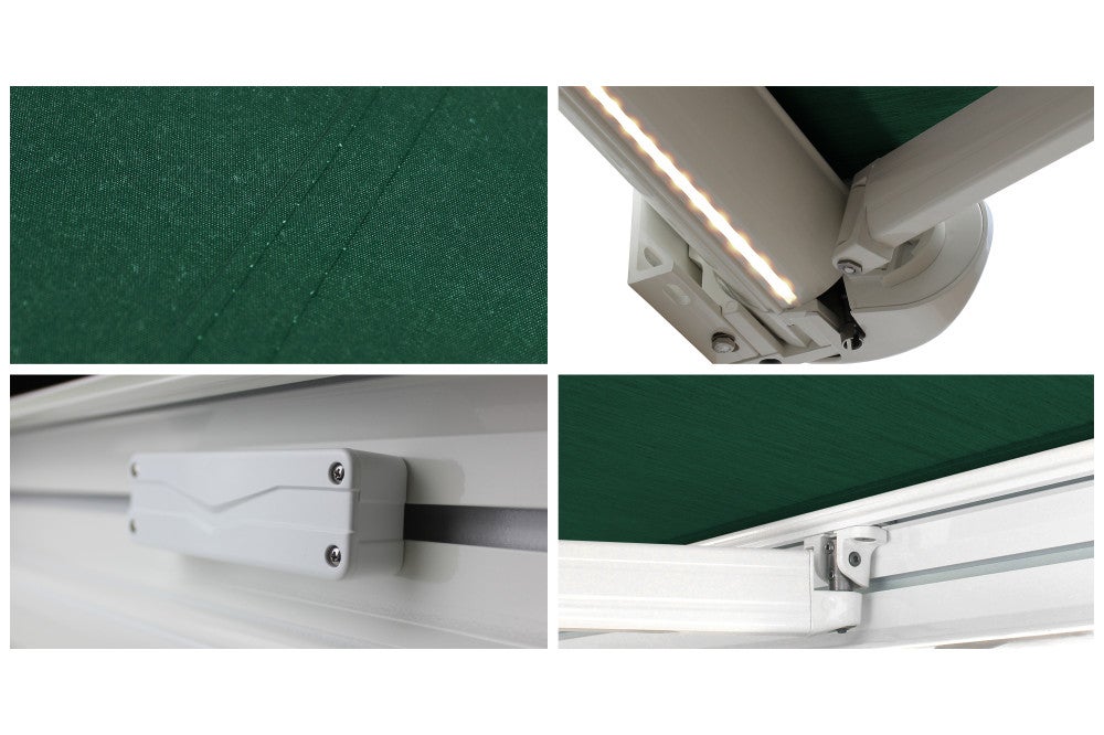 Store banne Coffre intégral PROTECT 2 LED SMART Blanc 5x3,5m Motorisé à télécommande + Capteur Vent + LED - Toile Verte - 5
