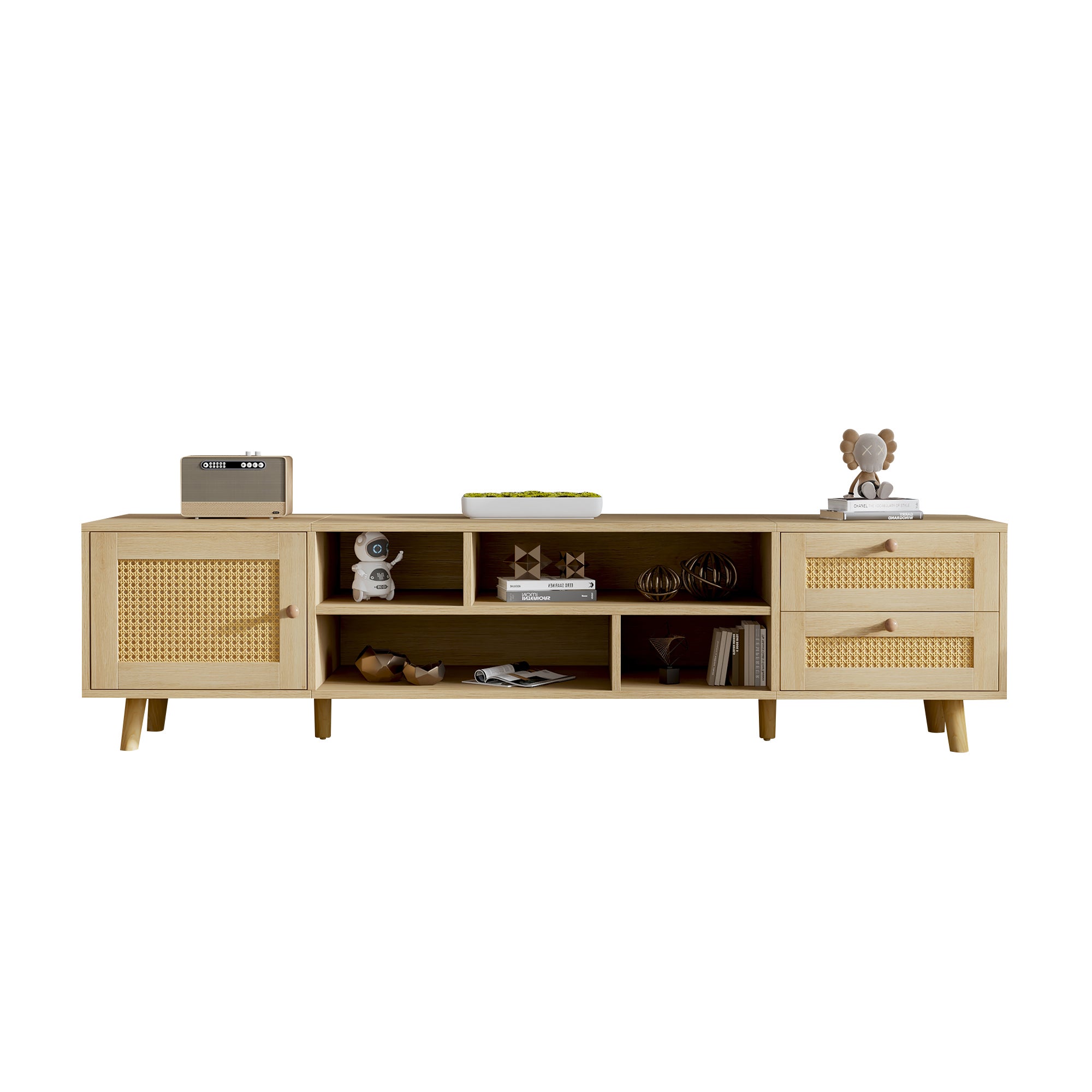 Meuble TV, Banc TV 160 cm avec 2 tiroirs, 1 porte & 4 compartiments, Pour les TV jusqu'à 70