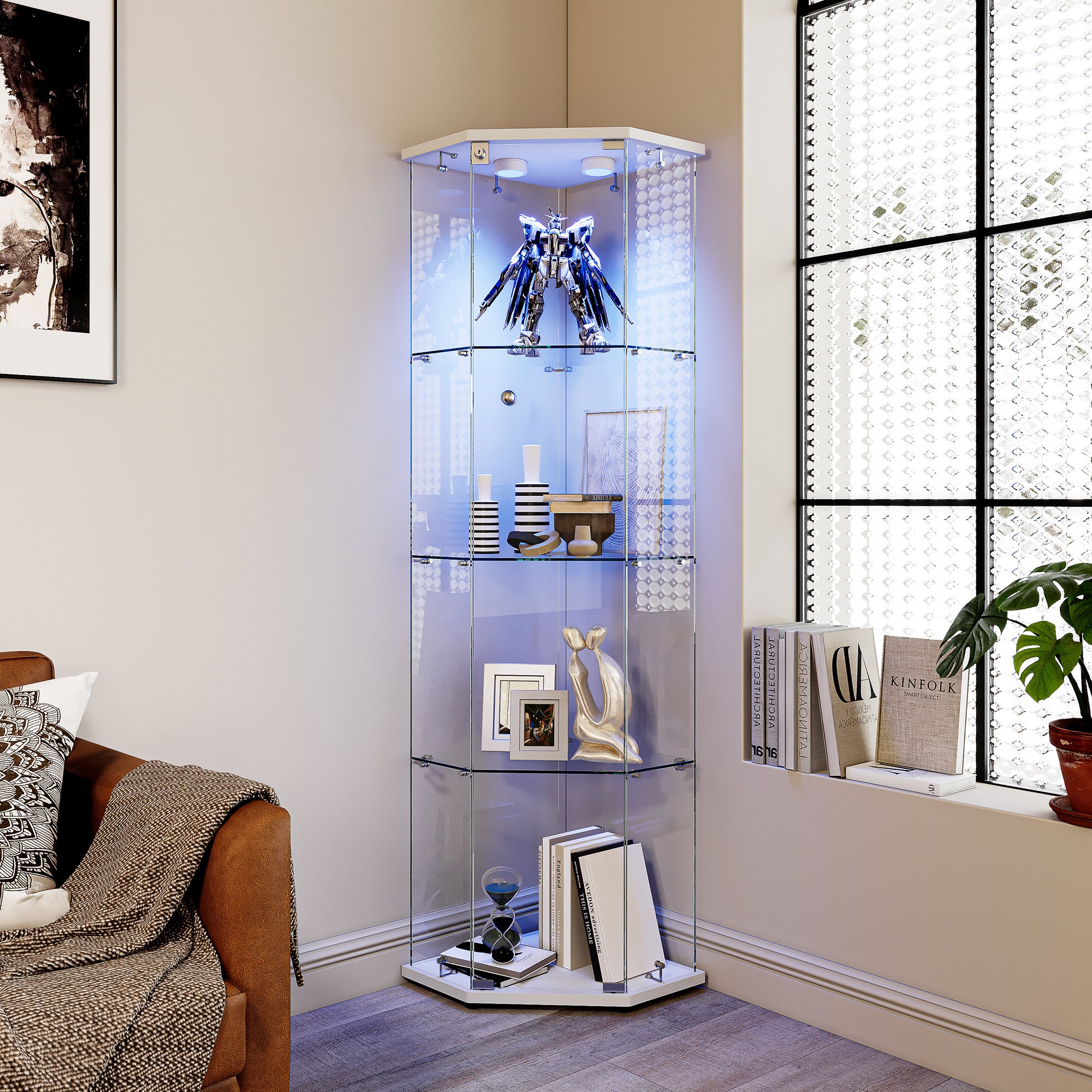 Vitrine en Verre, Vitrine pour collection Transparent en verre 4 Couches avec 1 Porte, LED Vitrine, pour salon et chambre à coucher,cinq angles - 2