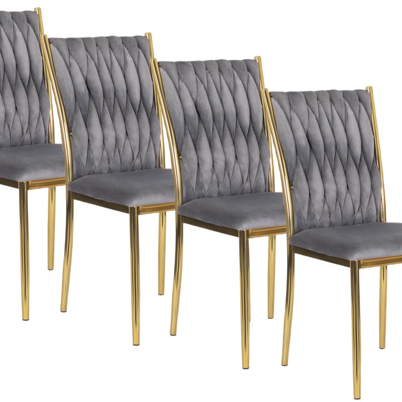 Zestaw 4 Krzeseł Plecionych Welurowych Tapicerowanych Glamour Szare Dan