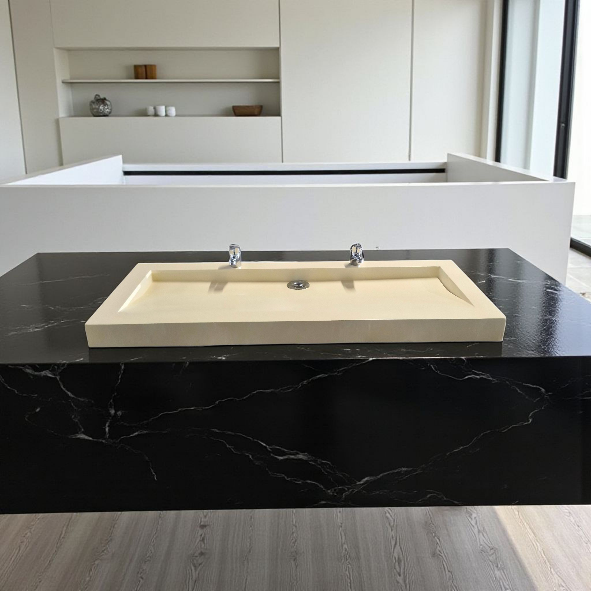 Plan double vasque beige 100x47x8 édition céleste en béton fibré cimenté , fabriqué artisanalement en France par Gakeal - 3