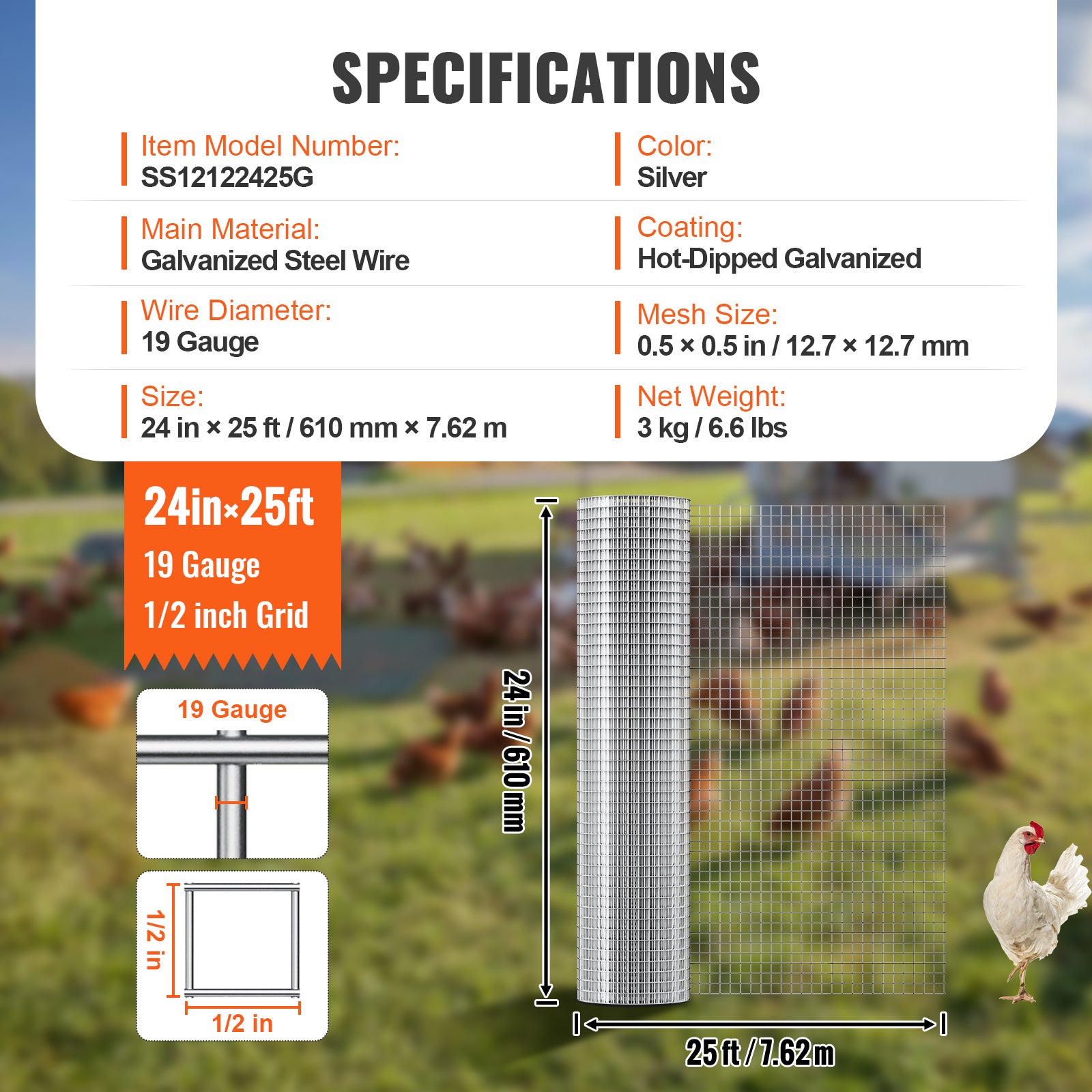 Grillage métallique soudé,VEVOR 610 mm x 7,62m,rouleau treillis métallique galvanisé à chaud maillage 12,7 x 12,7mm clôture en fil poule calibre 19 - 7