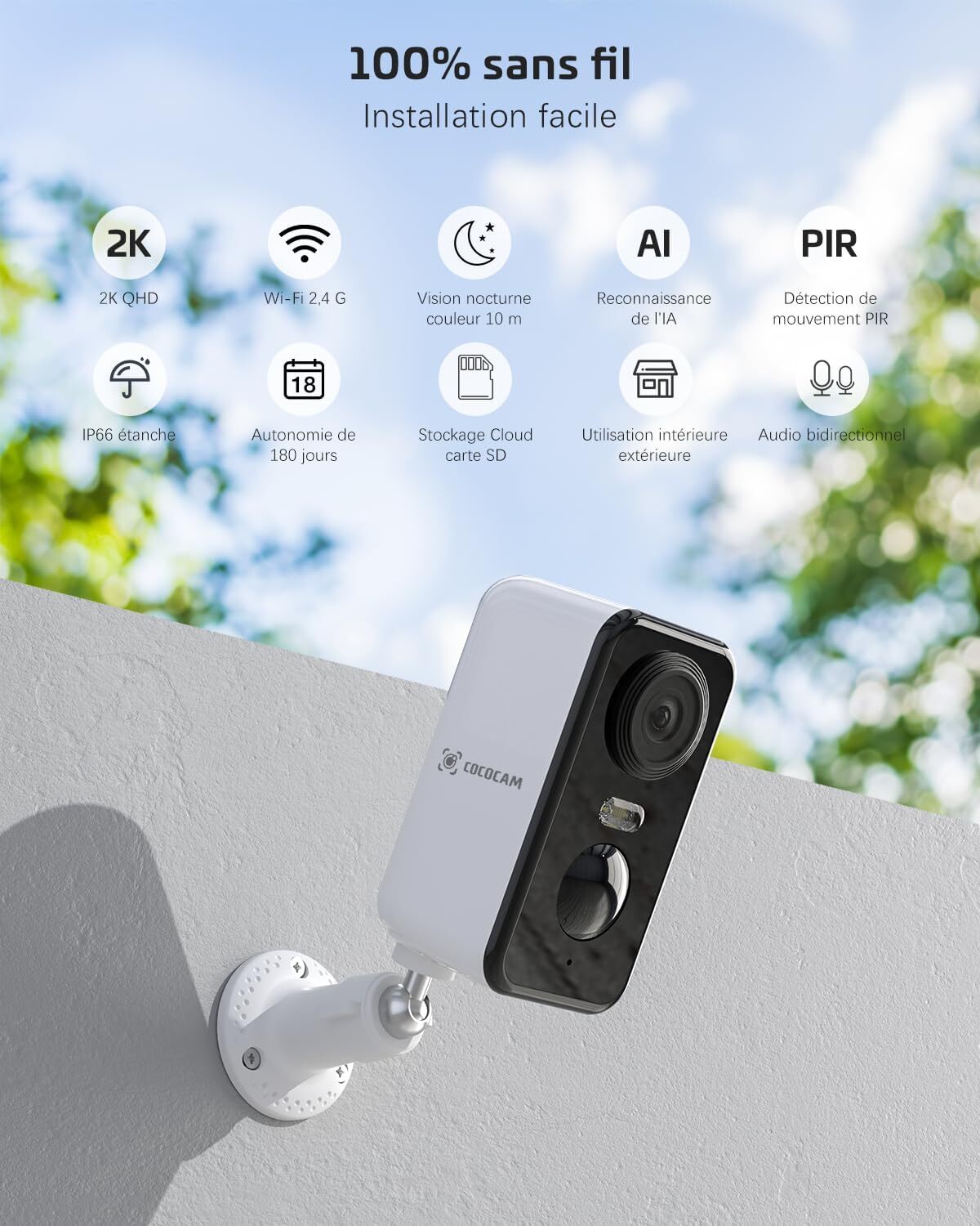 COCOCAM Caméra 2K WiFi Extérieure sans Fil, Surveillance Intérieure ...