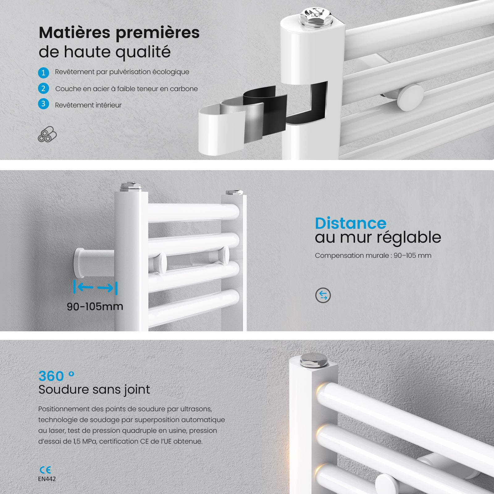 Heilmetz Sèche-Serviettes Electrique, Radiateur Sèche-Serviettes 70x40 cm Blanc avec Timing Elément de Chauffage Electrique - 7