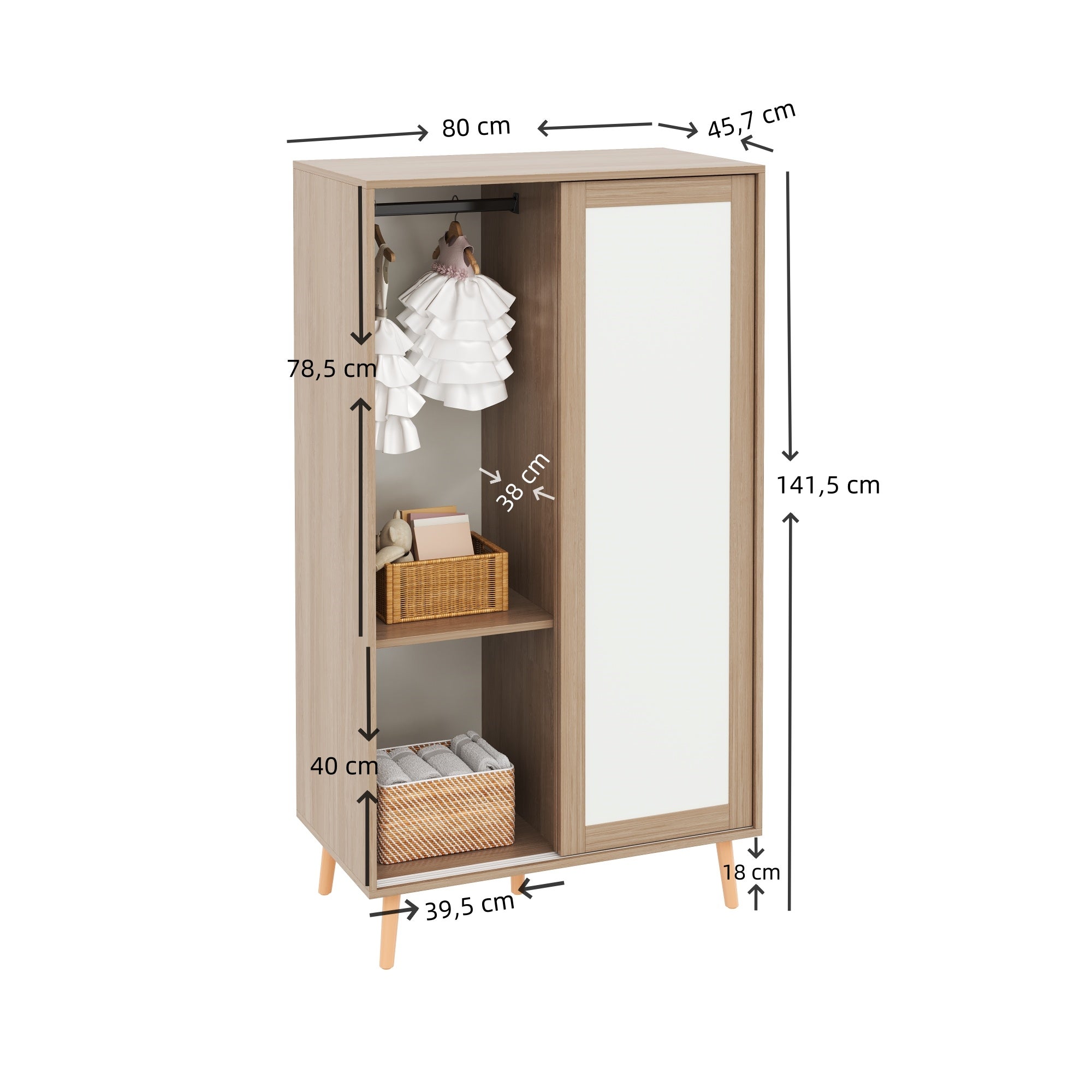Ensemble armoire à portes coulissantes + armoire ouverte - Bois massif + MDF - pour chambre d'enfant - Blanc et naturel - 7