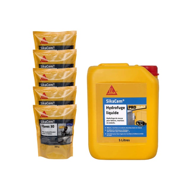 Pack Maçonnerie SIKA - 5x SikaCem Fibre 30 300g - Hydrofuge de masse liquide SikaCem 5L