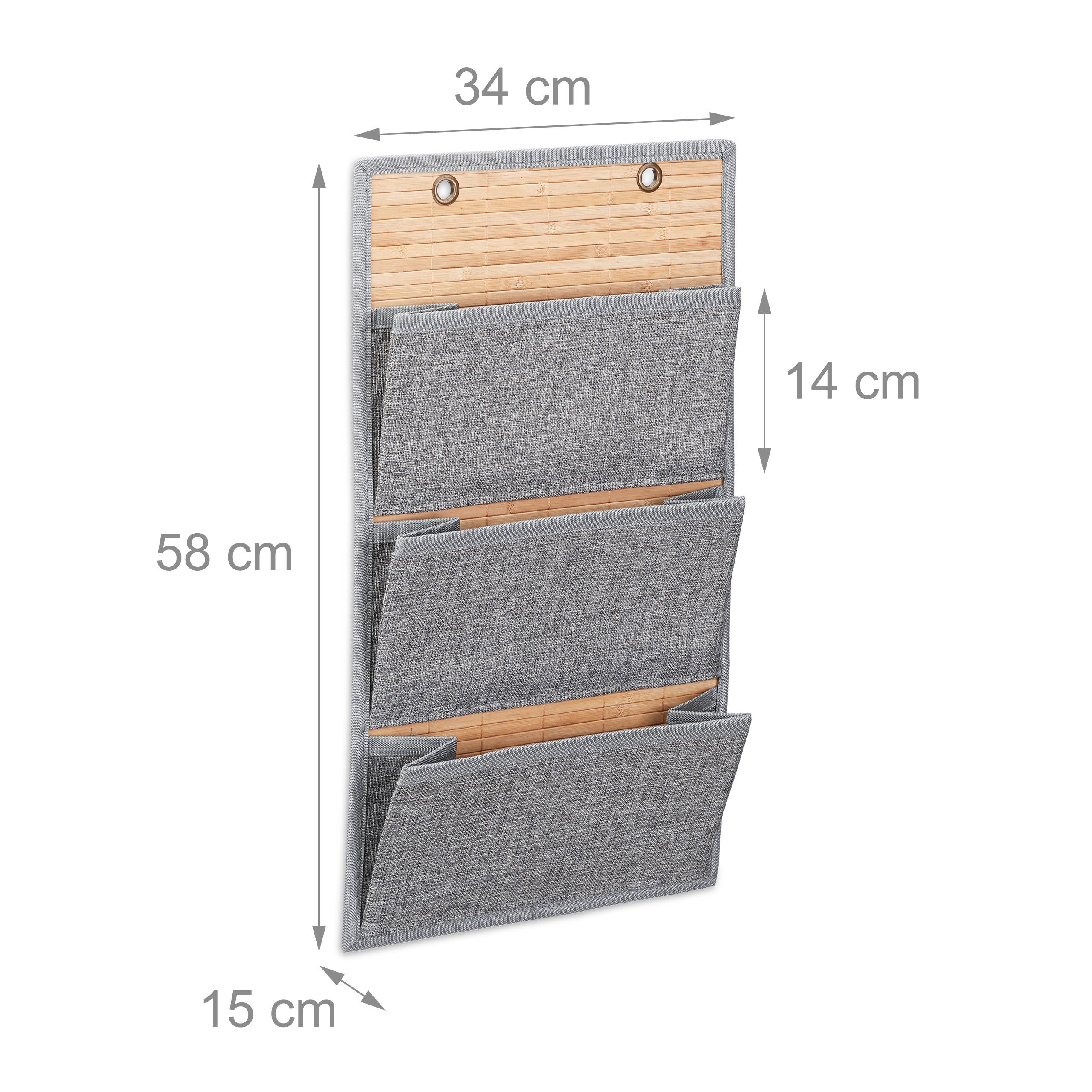 Organiseur mural en bambou à 3 compartiments à motif jute, 58 x 34 x 15 cm, gris, porte-revues pour bureau et entrée, taille M, Relaxdays - 4