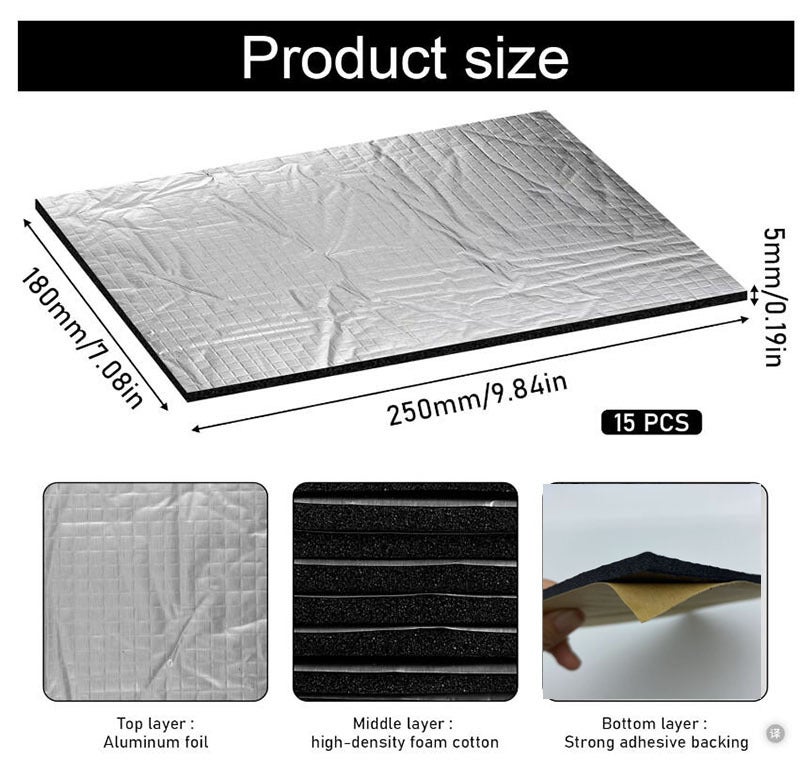 Lot de 12 panneaux isolants en butyle-aluminium-plastique, dimensions 250 x 180 x 5 mm - adhésifs, antichoc, ignifuges et insonorisants - 2