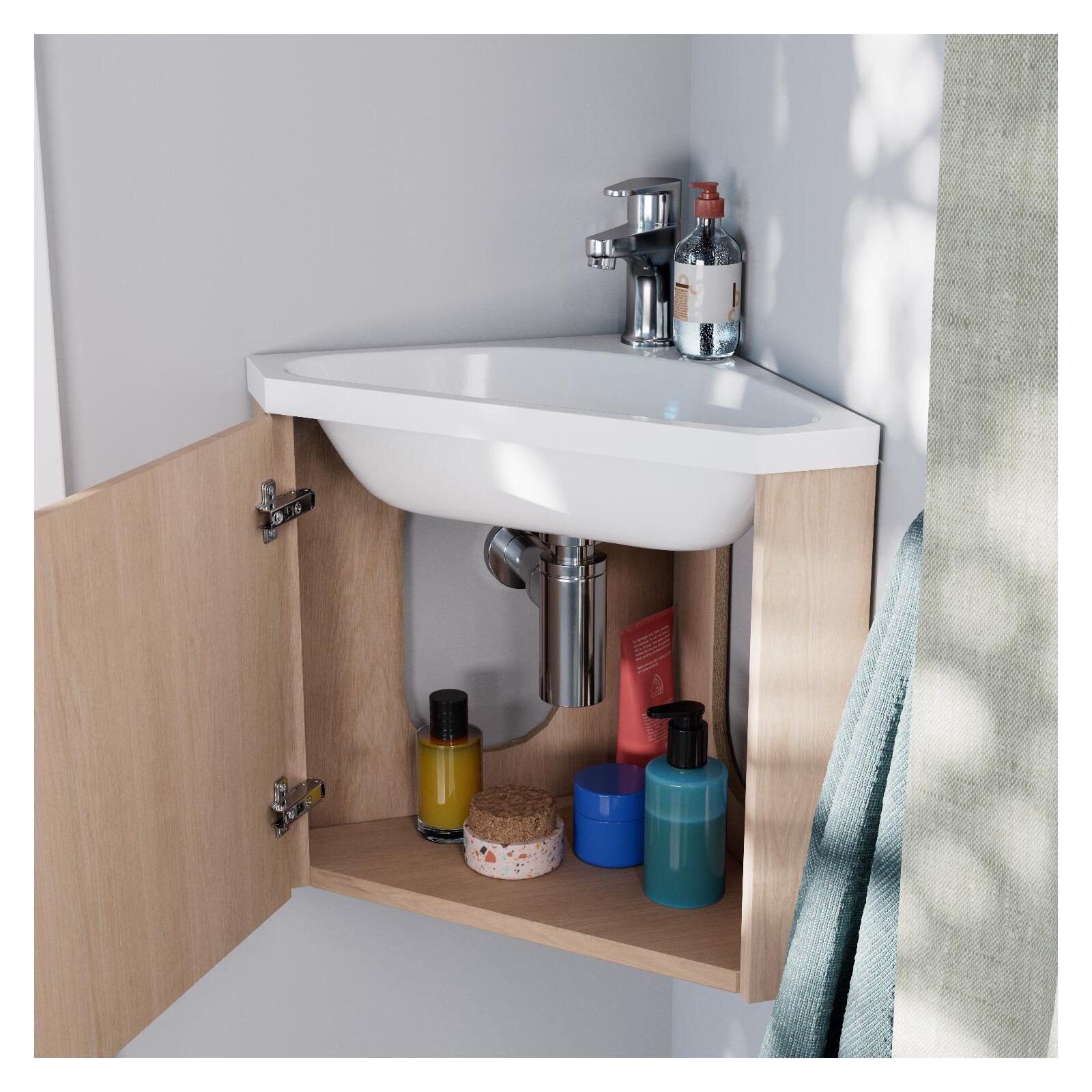 Ensemble meuble lave-mains d'angle décor chêne KODA + armoire miroir - 4