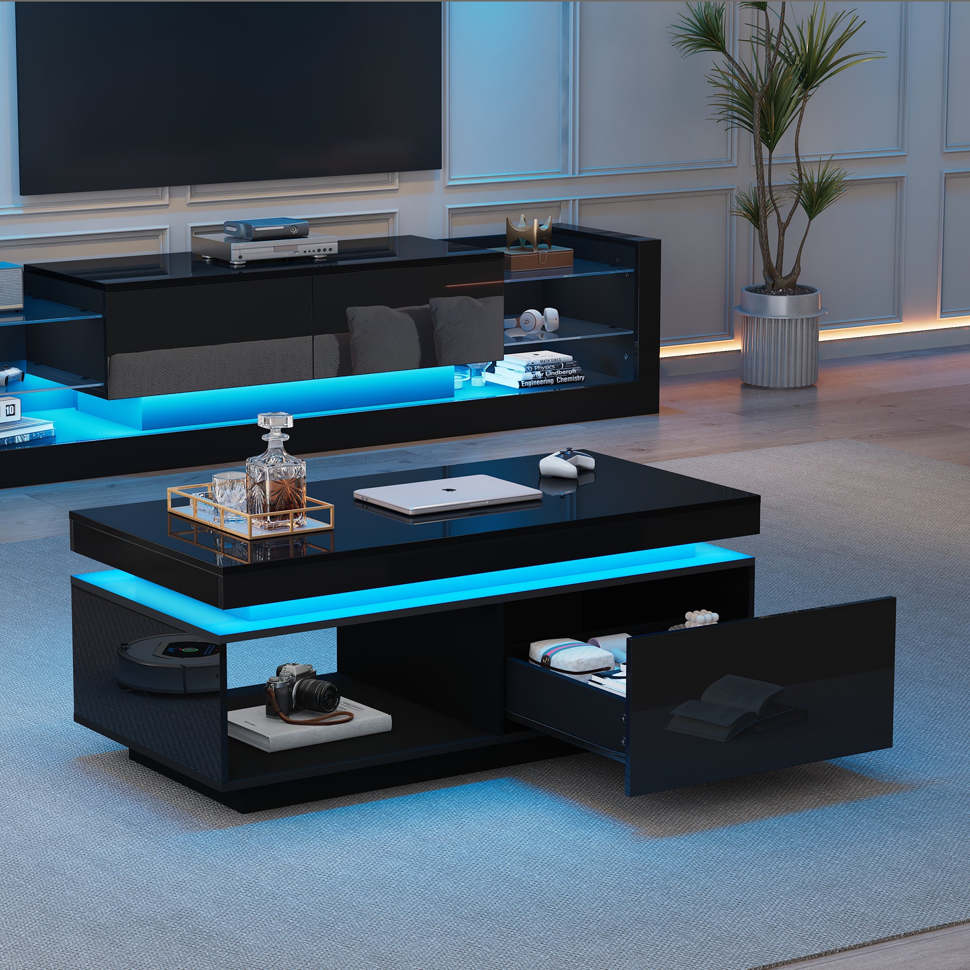 Zestaw stolik pod TV: 181 x 38 x 38 cm + stolik kawowy: 100 x 50 x 40 cm - Diody LED - Płyta wiórowa - Czarny połysk