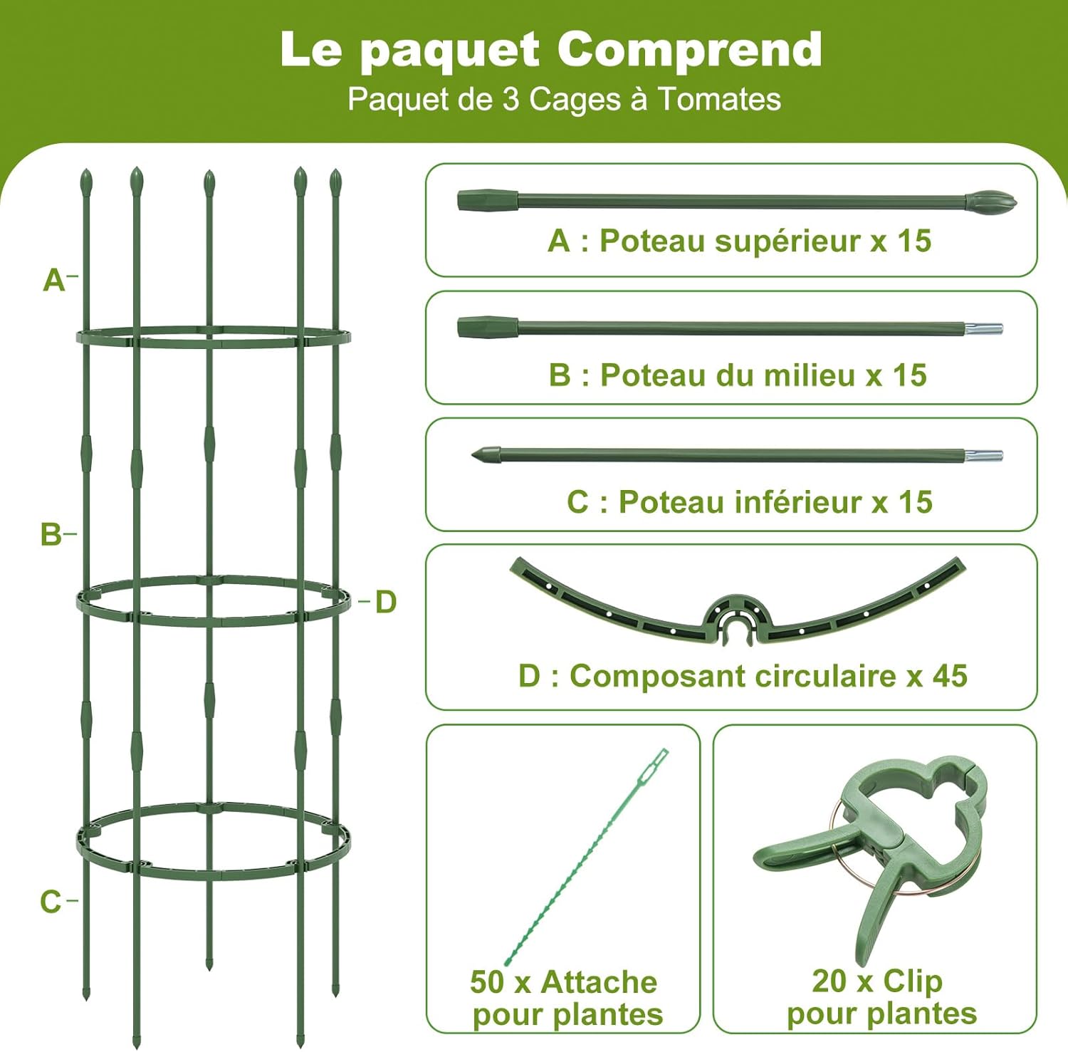 3 Pezzi Obelisco per Rampicanti 165 cm, Supporti per Piante 2 in 1 con Clip e Fascette, Traliccio da Giardino per Piante Rampicanti, Pomodori - 6