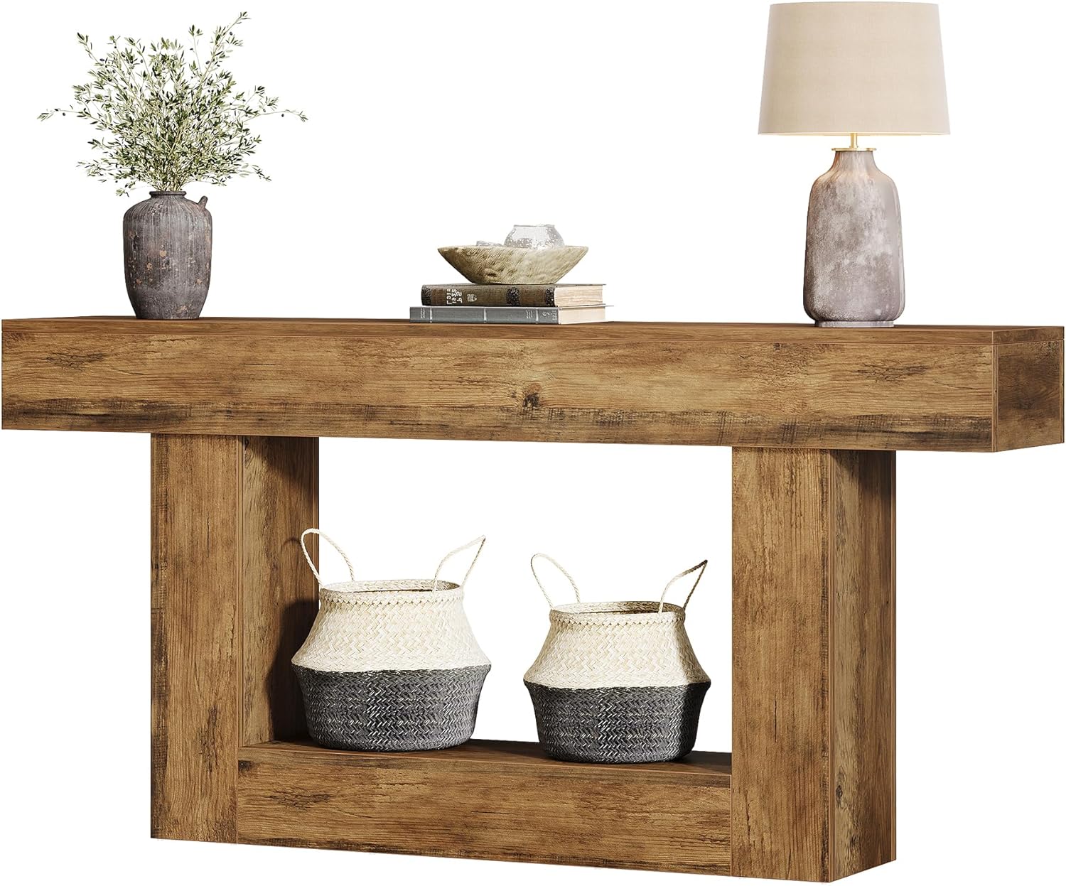 Tribesigns Stolik konsolowy 160 cm – 2-poziomowy, rustykalny brązowo-szary, idealny do przedpokoju